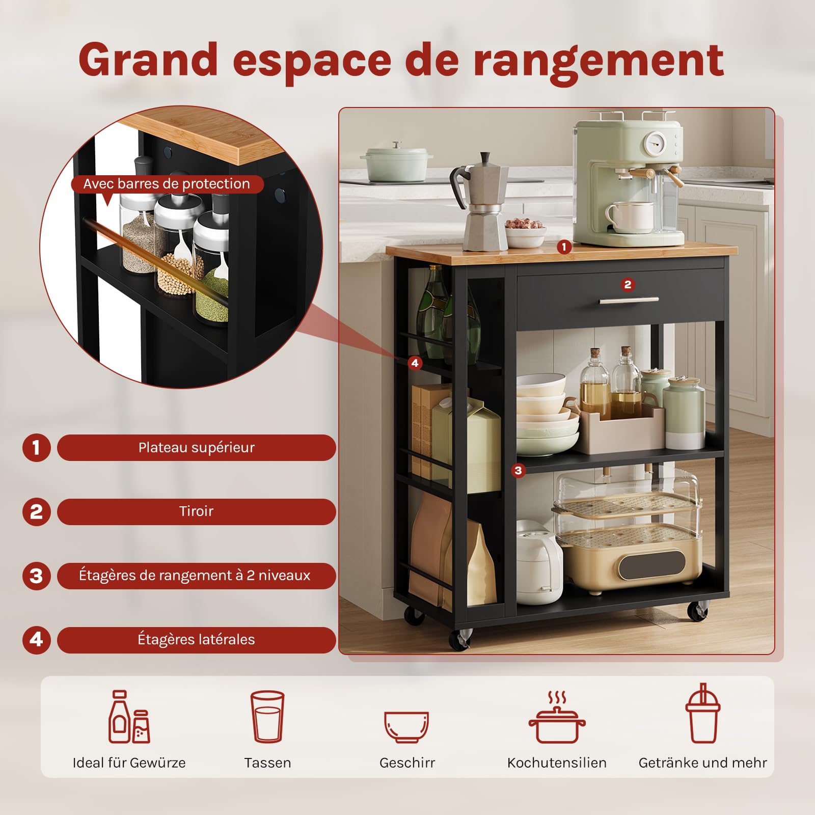 WOLTU Desserte à roulettes, Îlot de Cuisine, Chariot de Rangement avec Plan de Travail, Tiroir et Étagères Ouvertes, pour Salle à Manger/Salle de Bain, 73x38x88cm, Effet de Bambou + Noir, RW051sz