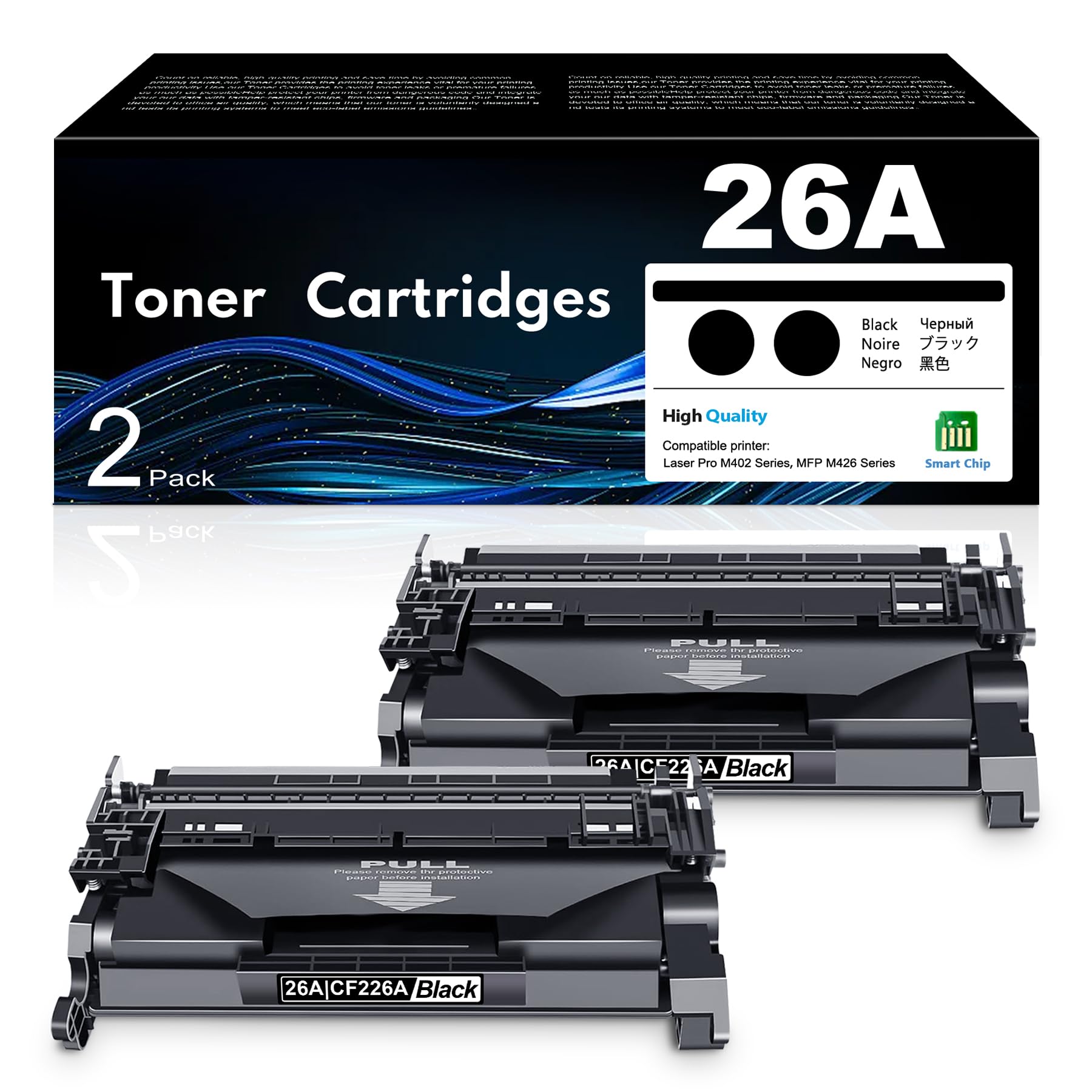 Paquete de 2 cartuchos de tóner negro 26A con chip de repuesto para HP 26A CF226A 26X CF226X CF226X Cartucho de tóner 26A, funciona con tinta láser Pro M402n M402dne M402dn MFP M426fdw MFP M426fdn |