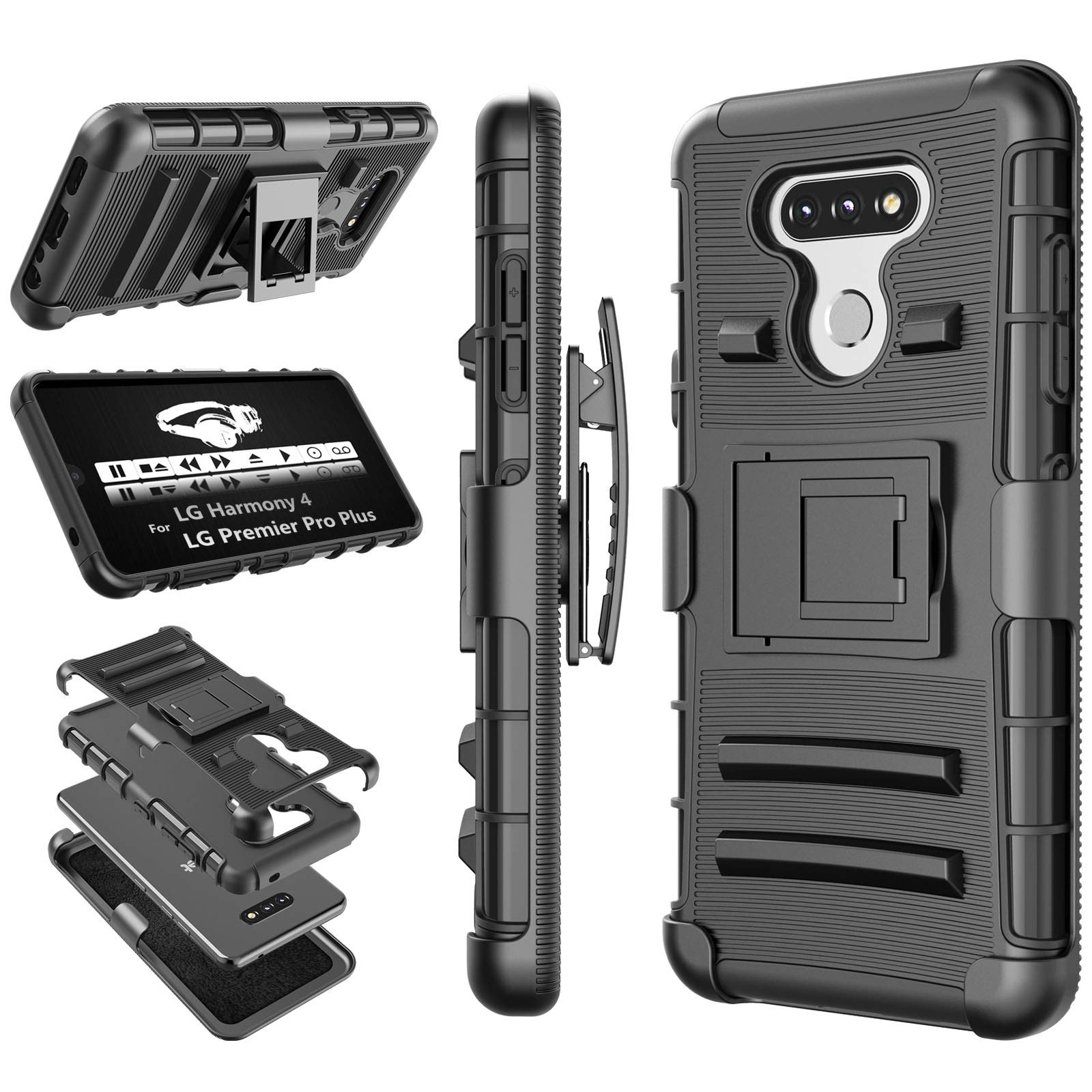 LG Harmony 4 Case, LG Premier Pro Plus Holster Clip, Tekcoo [Hoplite] Shock Absorbing [Black] Secure Swivel Locking Belt Defender Full Body Kickstand Carrying Armor Tank Sturdy Phone Cases Cover