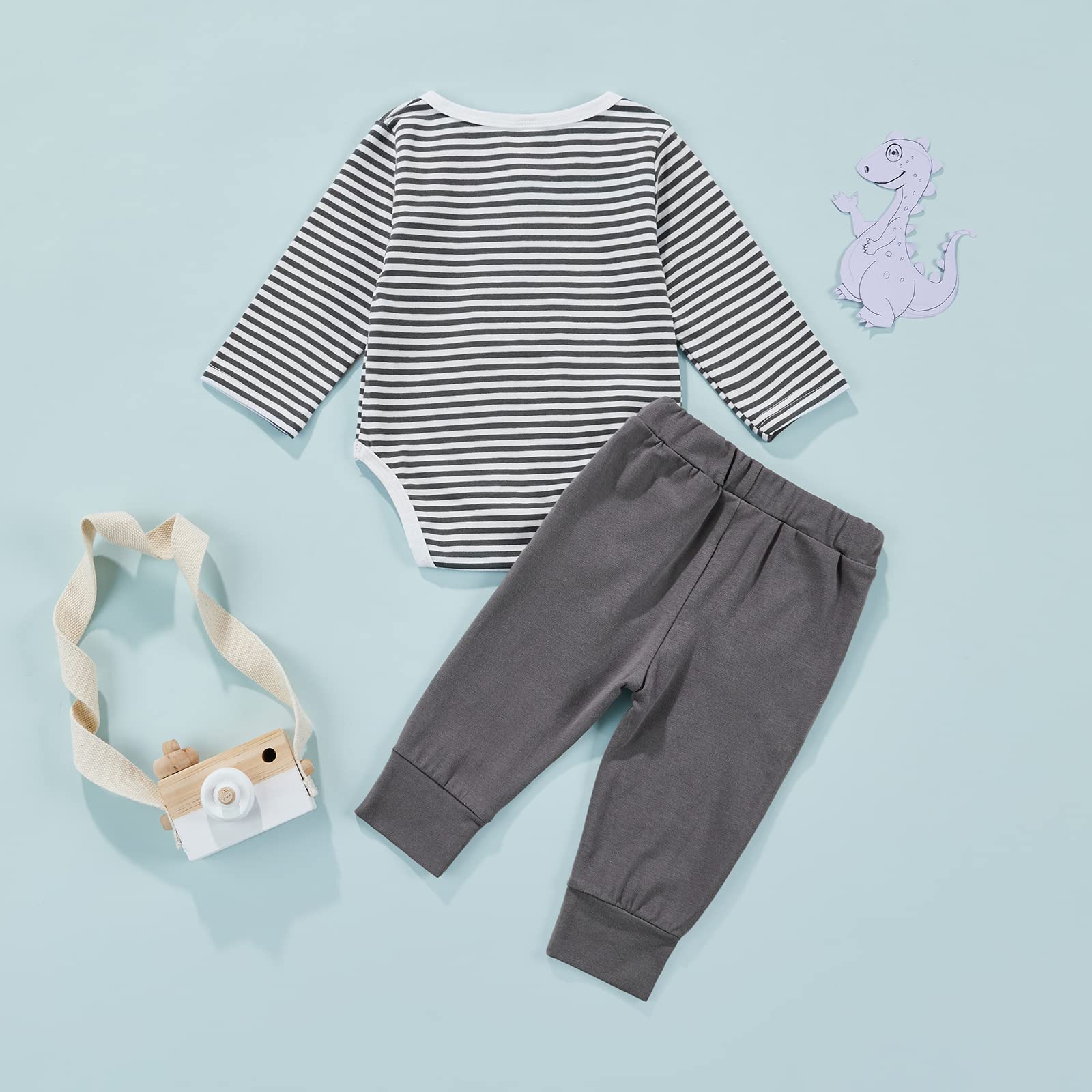 BULINGNA Newborn Baby Boy Fall Outfit Long Sleeve Striped Bodysuit Top Long Pants 2Pcs Clothes Set (Light Gray, 6-12 Months)