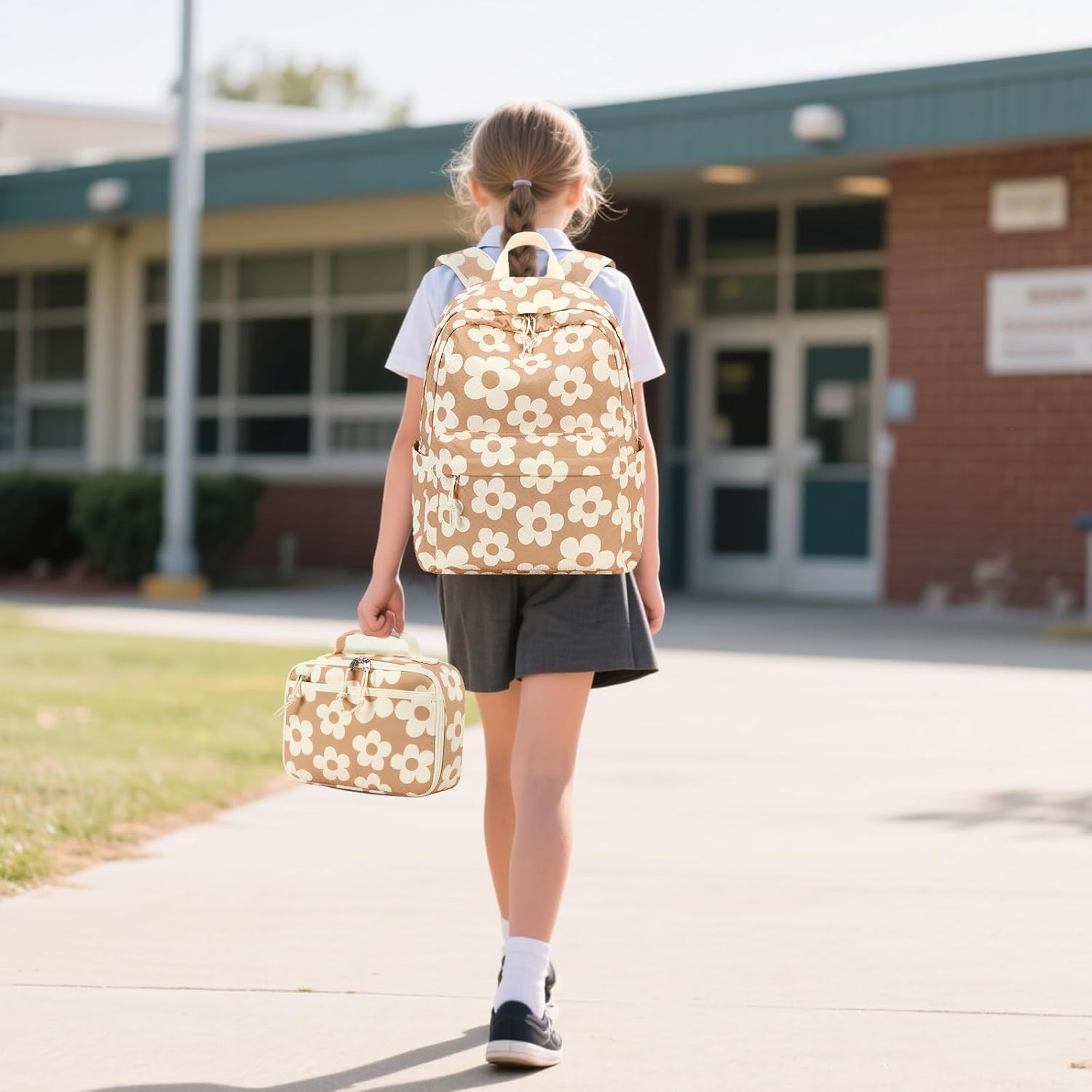 LEDAOU Kids School Backpack with Lunch Box for Boy Girl Toddler BookBag School Bag Preschool Kindergarten Backpack (Flower Brown) - Image 2