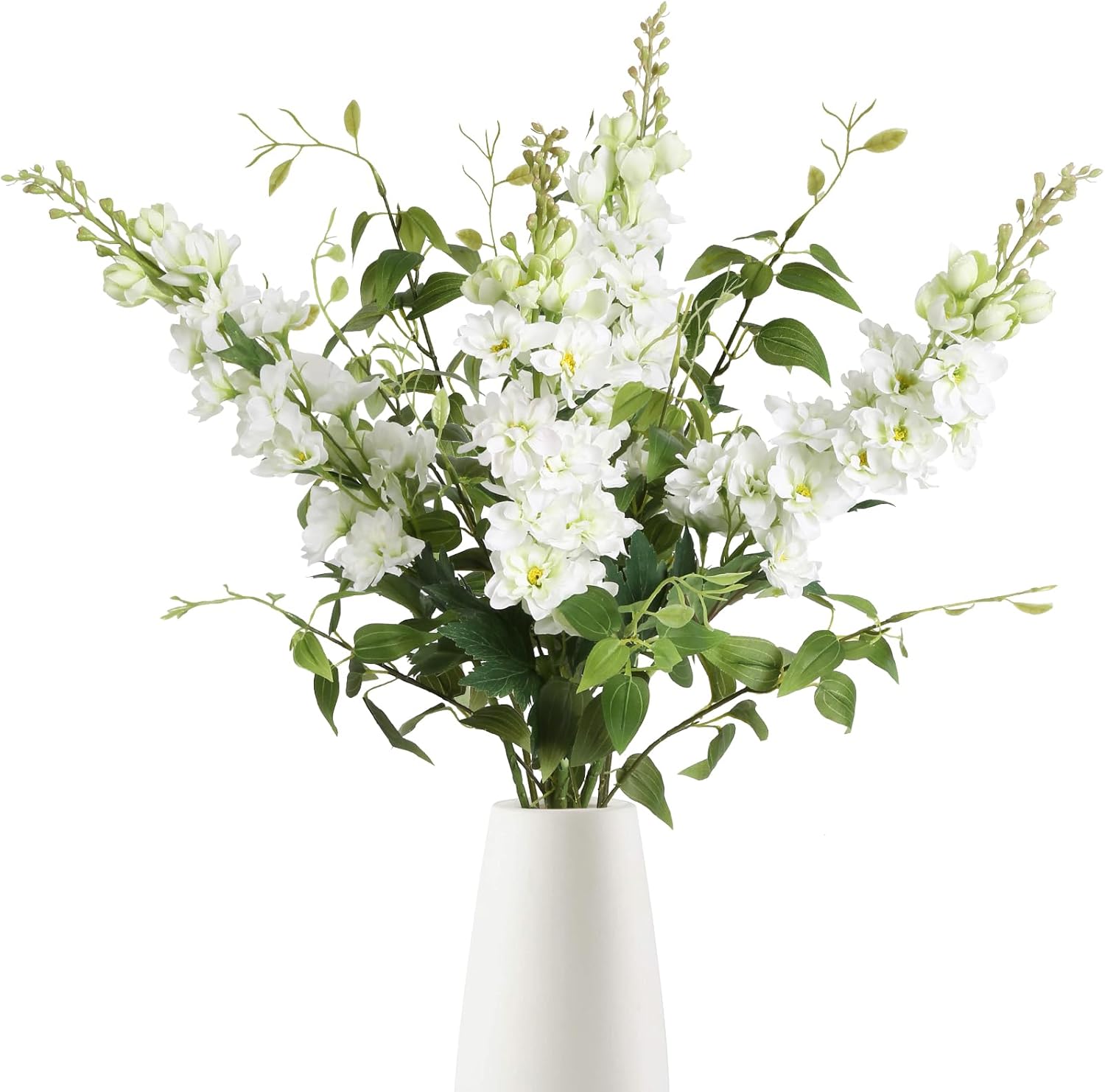 8PCS White Artificial Delphinium Flowers with Clematis Greenery Long Stem Flowers 29.5" Larkspur Artificial Flowers for Wedding Centerpieces Silk Flowers for Home Decor Indoor (White)