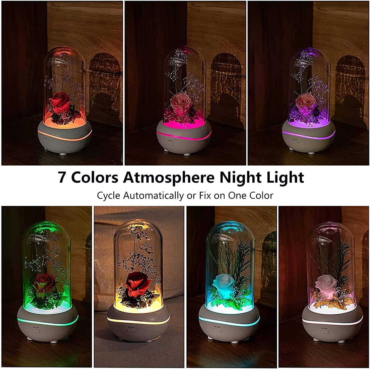 Essential Oil Diffuser, Eternal Rose Flower Aromatherapy Lamp, USB Rechargeable Aroma Diffuser with 7 Color Night Lights, Valentine's Day/ Christmas/ Birthday Gift for Women Girls, Home Decor Red