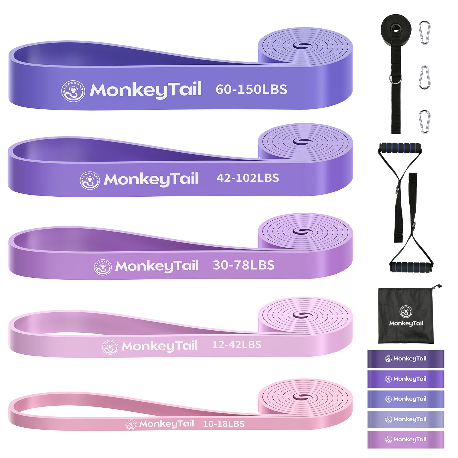 MonkeyTail Set di fasce di resistenza a 5 livelli (diverse intensità), per allenamento a casa, yoga, sollevamento pesi, trazioni, con ancoraggi migliorati e maniglie, borsa portatile, unisex