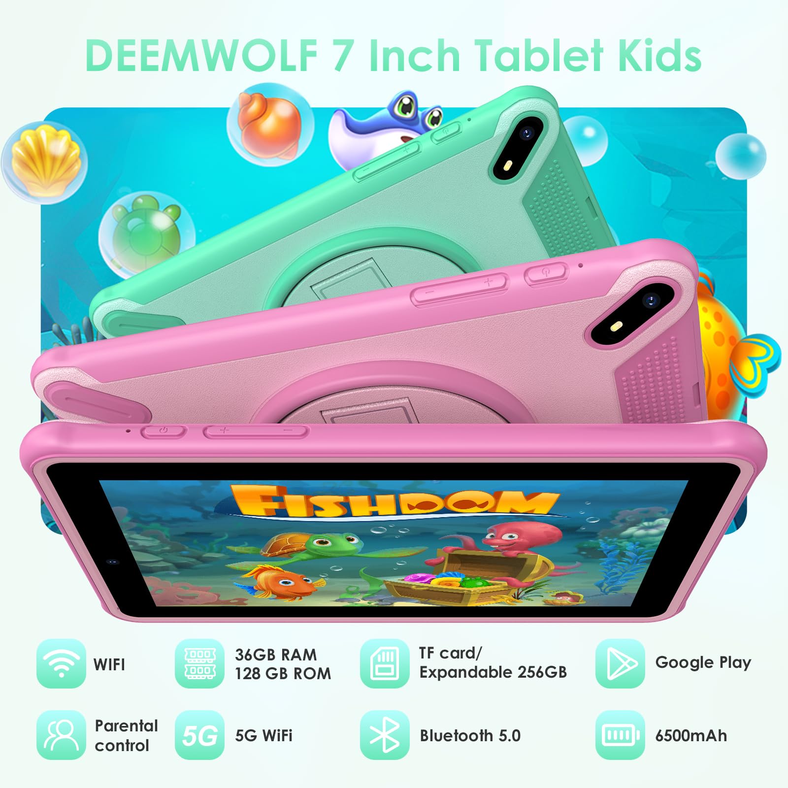 Generico Tablet 7 Pouces Android 15 Tablette avec 5G WLAN,36GB+128GB/TF 1TB/8MP+5MP/6500mAh,Tablette avec Clavier,Vert