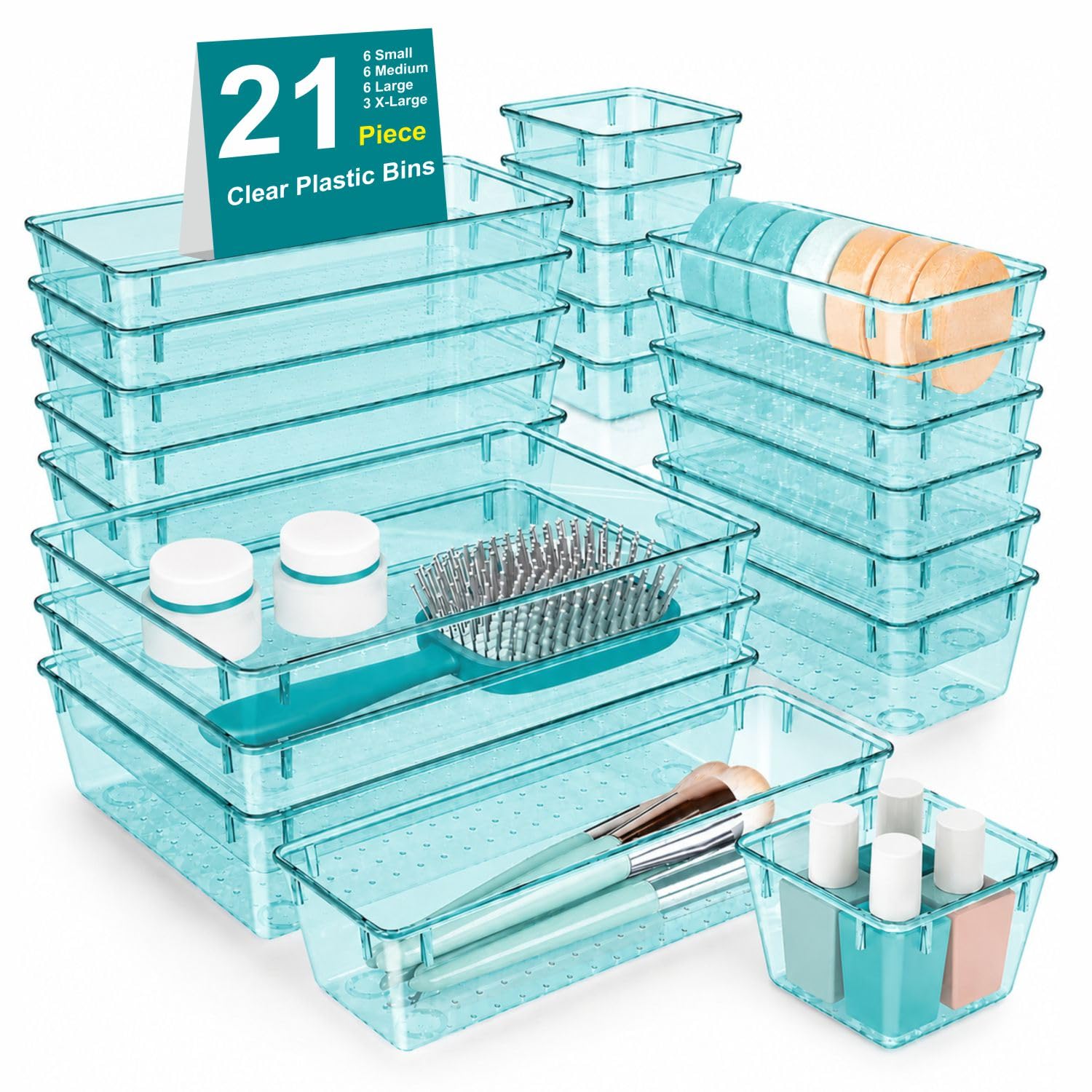 JIALTO 21-Piece Acrylic Drawer Organizer Trays Set – Clear Plastic Storage Bins for Makeup, Dressing Table, Kitchen, Bathroom, Office Drawer Storage & Tray Dividers (Sea Blue)