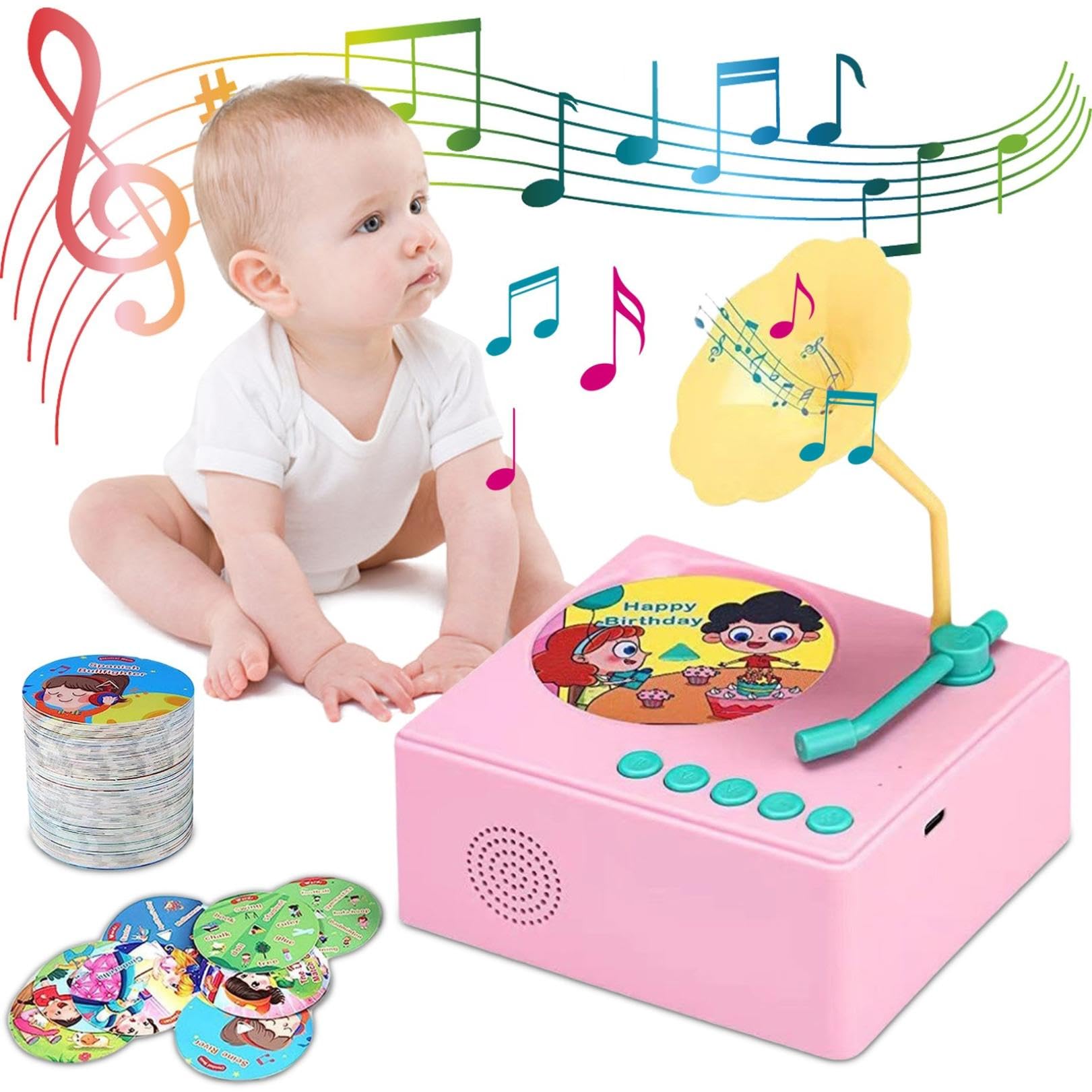 Kids Gramophone with 96 Cards, 2024 New Children's Phonograph Story Music Player Gift Boys Girls,Toddler Toys Early Childhood Education Gift Birthday 3-6 Years Old (Pink)