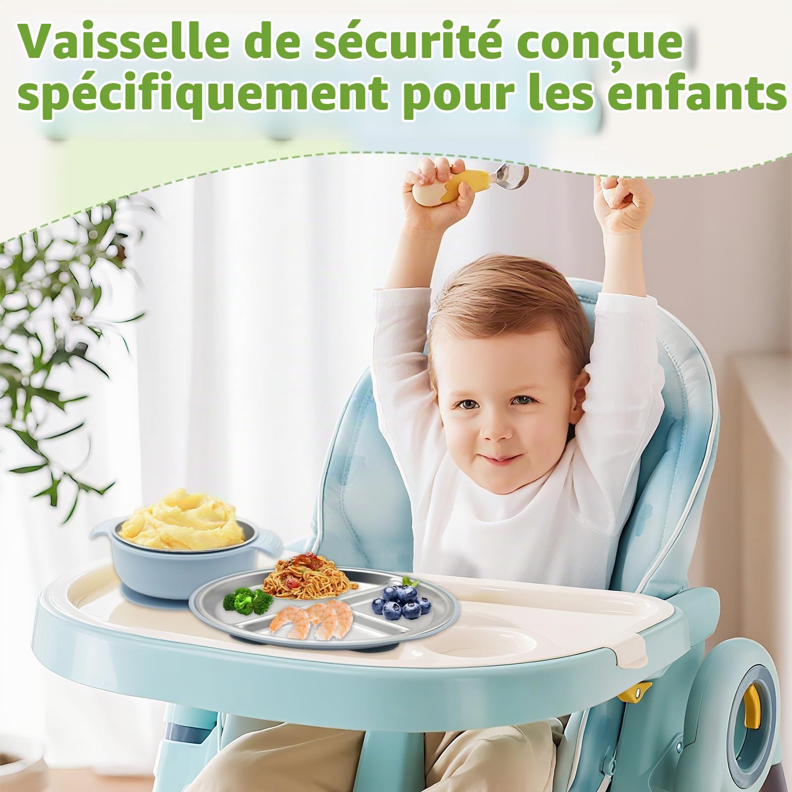 2 Assiettes En Acier Inoxydable Avec Ventouse + 2 Bols En Acier Inoxydable Avec Ventouse, Avec Housse En Silicone Amovible, Lavables Au Lave-Vaisselle (BlueGreen)