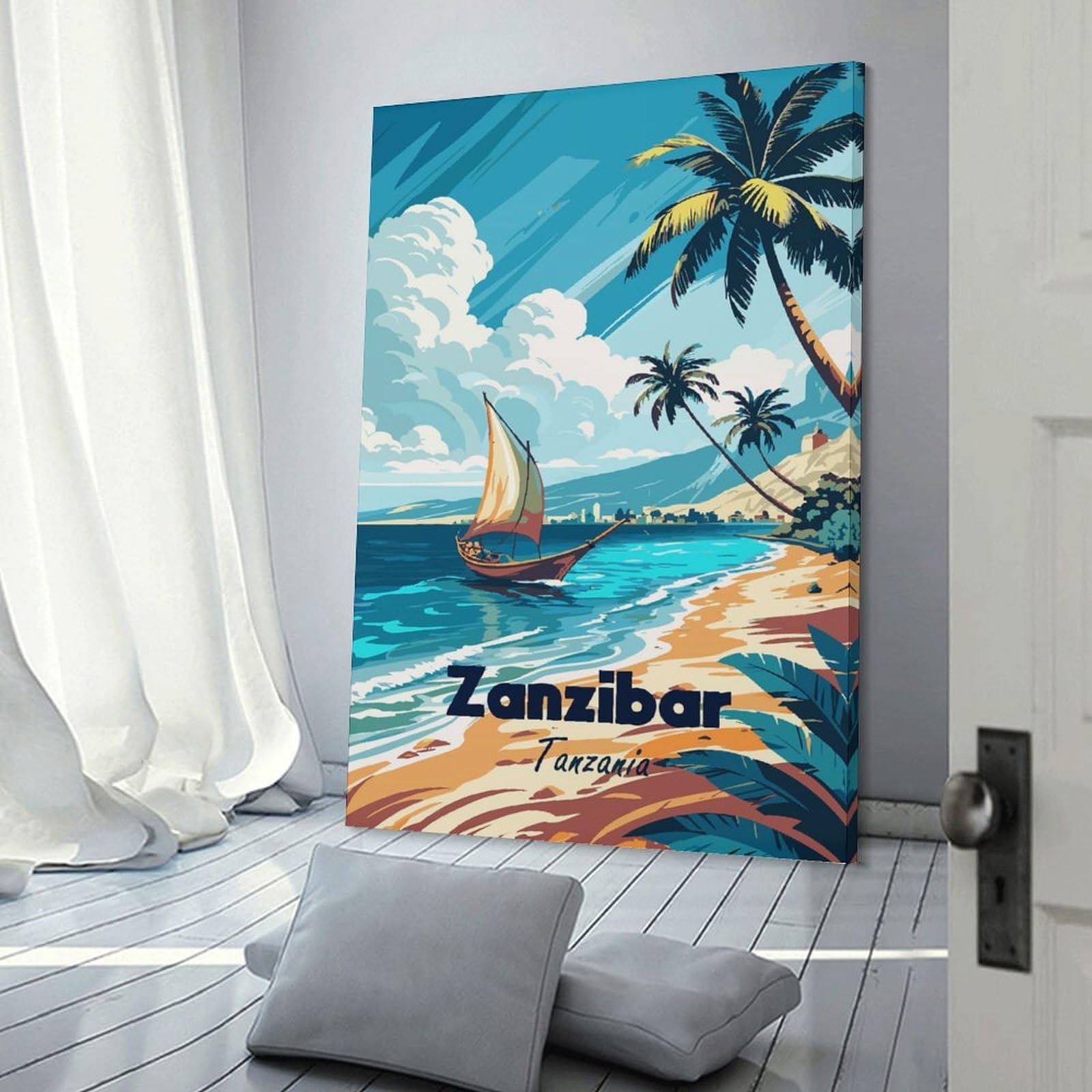 Junmoney Zanzibar, Tanzania Tropical Beach Scene Canvas Wall Decor 24x36inch(60x90cm), for Home Lounge, Bedroom Or Reading Nook, A Home Accent with Warm Character