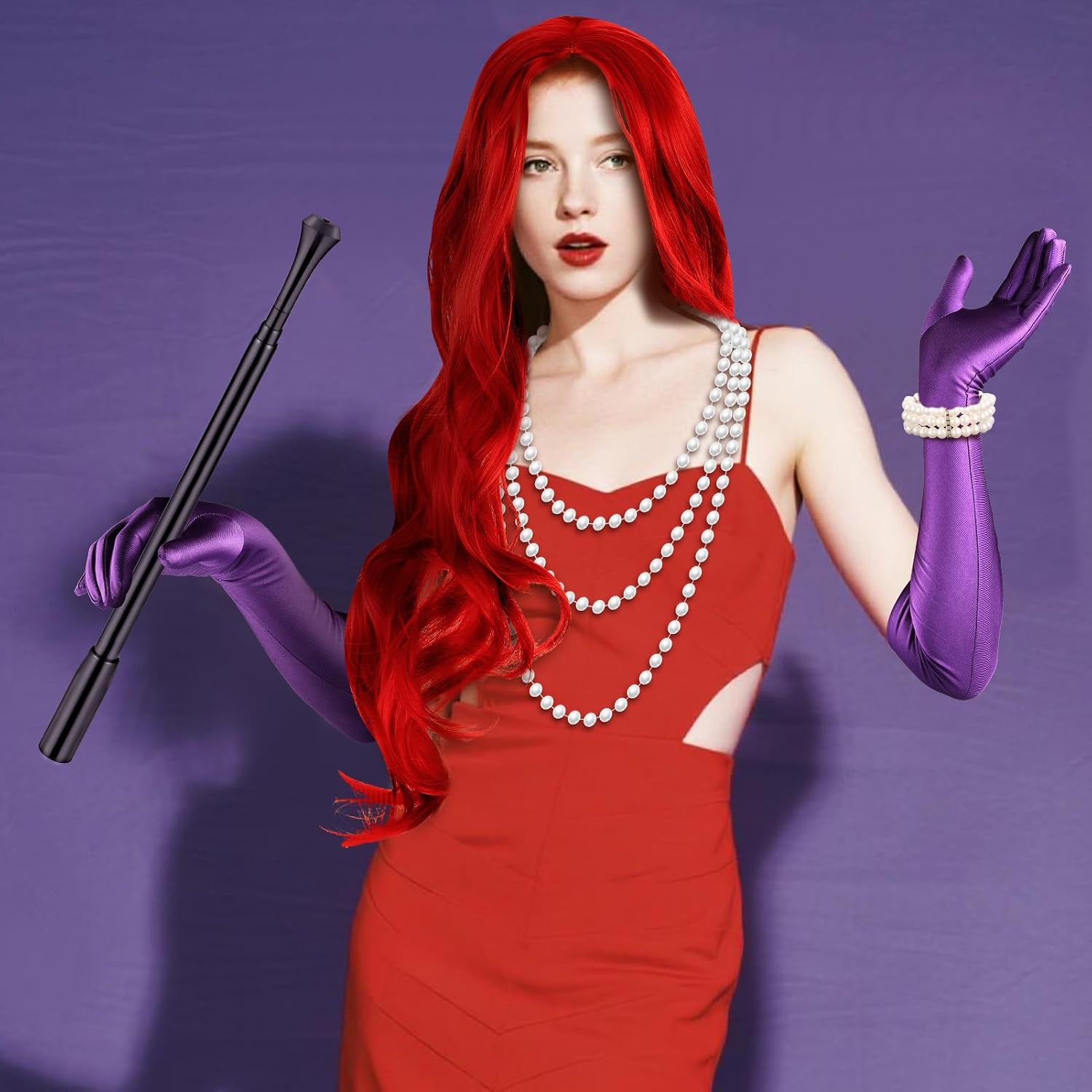 6 Pcs Halloween Costume Accessories Include Red Wig Necklace Bracelet Earrings Gloves Plastic Holder for Christmas Cosplay