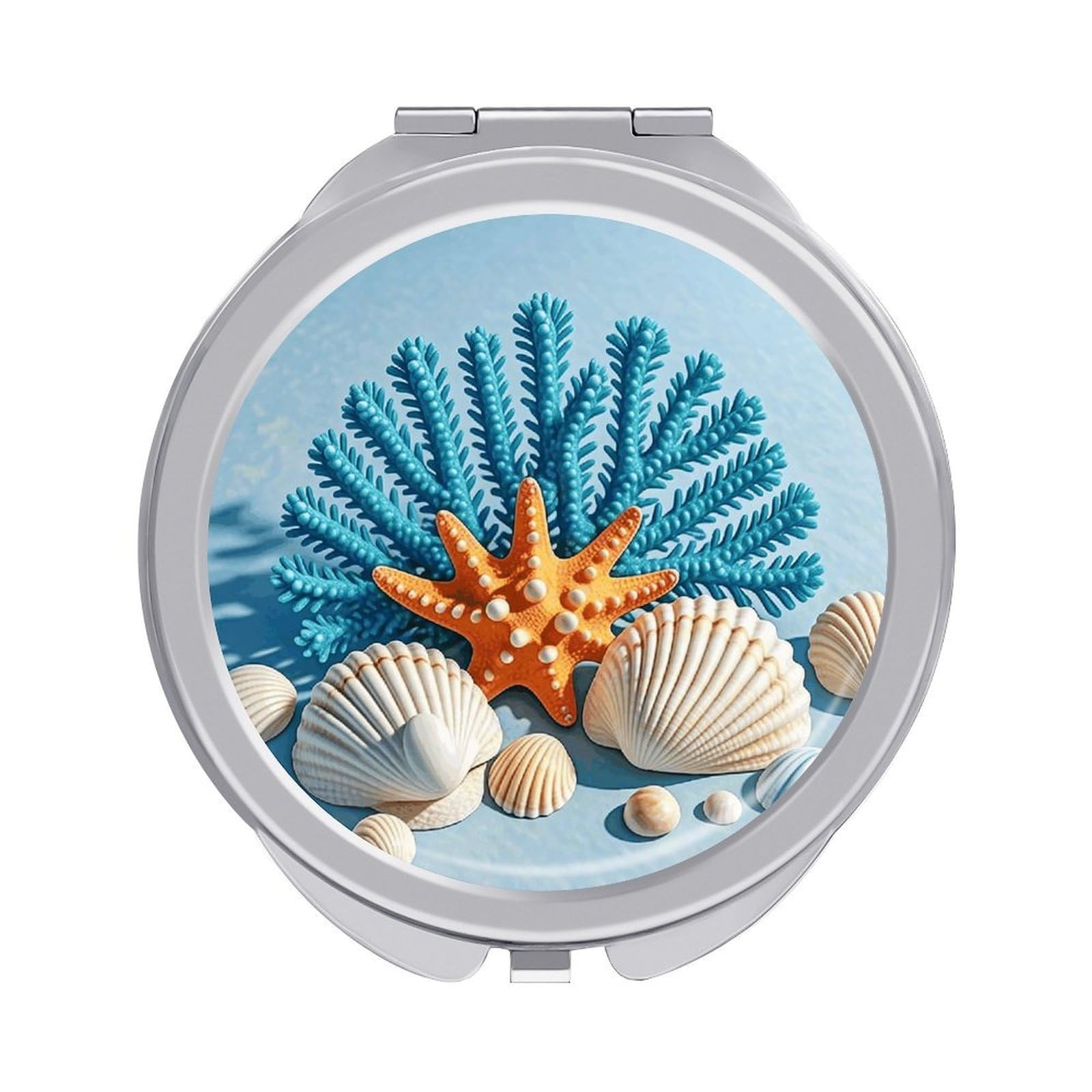 FodPand Compact Hand Mirror with 1x/2x Magnifying Round Travel Makeup Mirror Mini Foldable Ocean Seashells Cosmetic Mirrors Travel Essentials Gift for Women Girl Portable for Pocket Purse -Silver
