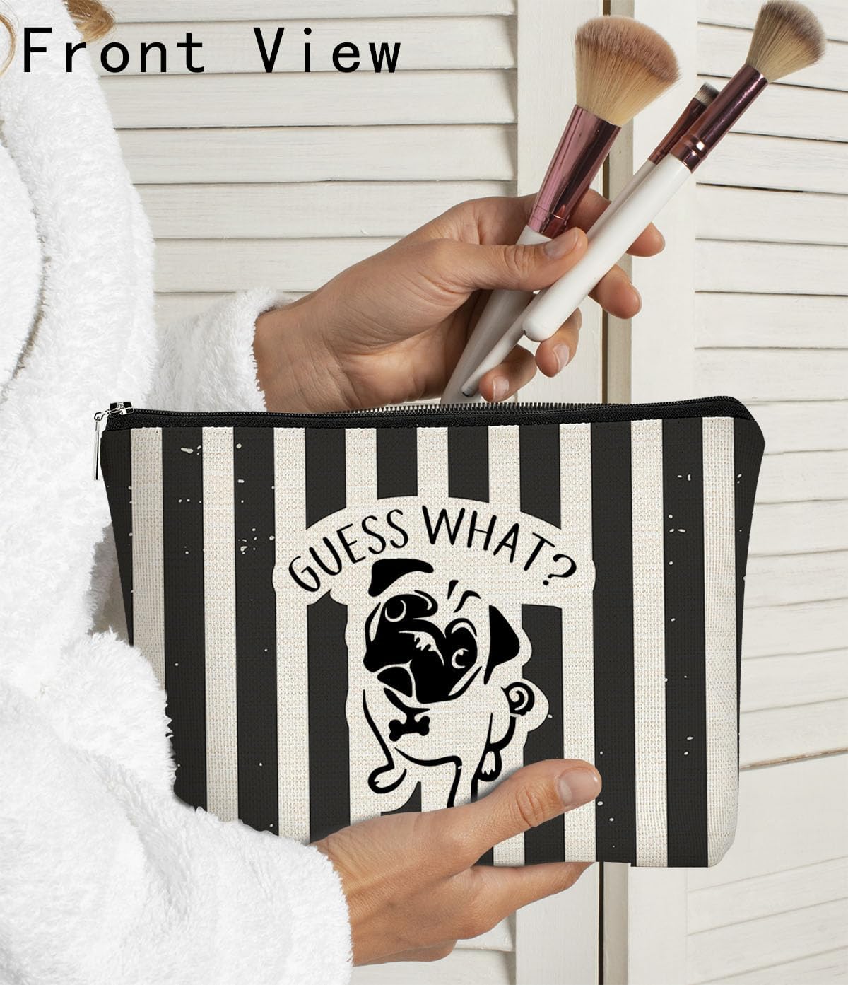 Pug Gifts for Lovers - Small Makeup Bag, Cosmetic Organizer for Women, Funny 'Guess What It's Pug Butt' Travel Bag, Birthday Gift for Mom Dad Girls (Black and White Striped A) image 3