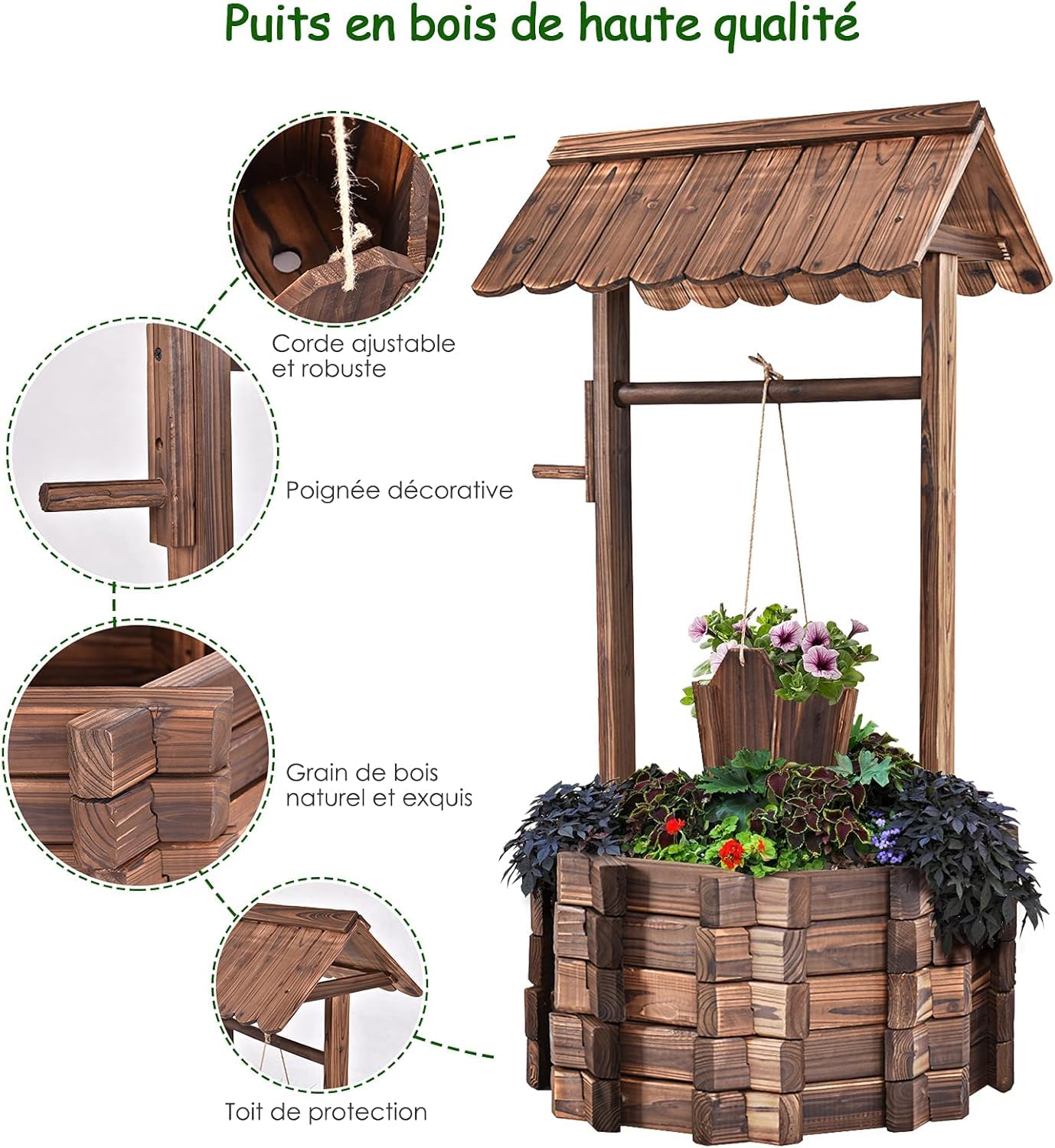 GOPLUS Pozo de Madera Decorativo, Jardinera de Exterior con Techo Clásico, Fuente Decorativa con Cubo Colgante y Amplio Lecho de Plantación