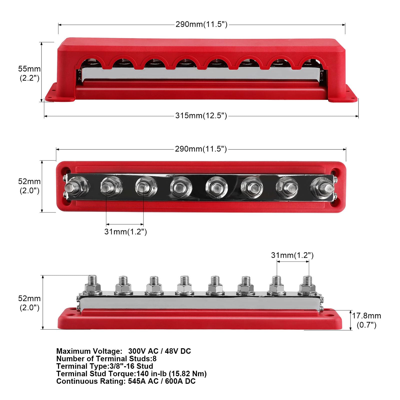 8-Pfosten Stromverteilerblock Sammelschiene Mit Abdeckung 600-A Schiffsbatterieklemmen Verteilerblock (3/8 Zoll)