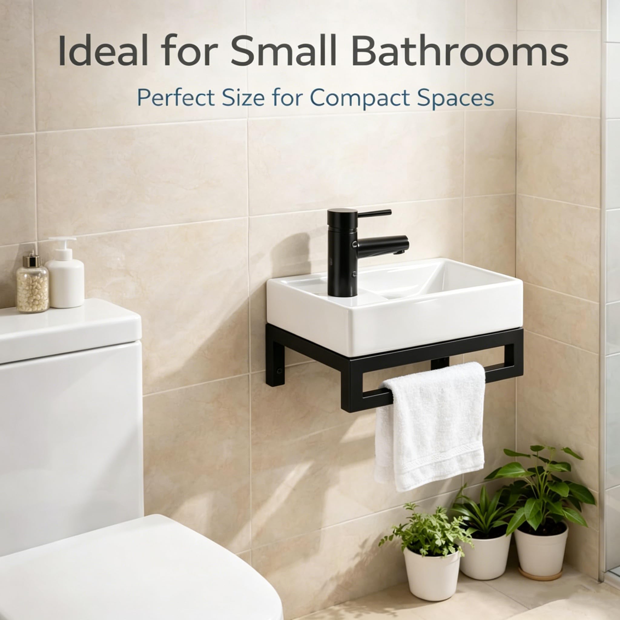 NUESTRA VIDA Lavabo de Cerámica para Baño de Invitados 40x22 cm - Compacto con Rebosadero y Estructura Metálica Negra Mate - Ideal para Espacios Pequeños