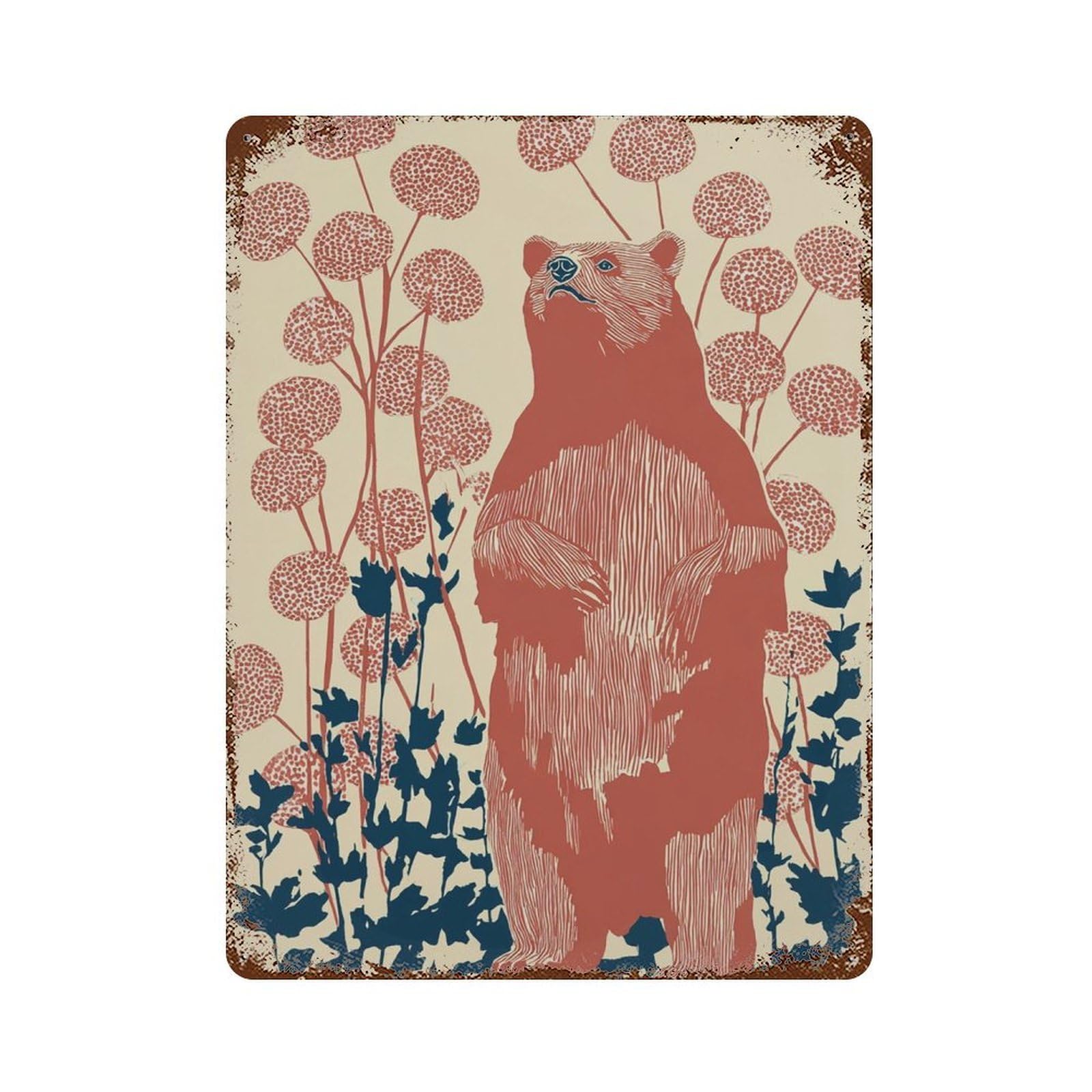 xiaoxiaoshen Bear Botanical Red Blue Wildlife Modern Nature Japanese Folk Wall Decor Art Metal Tin Poster Modern Home Decor Art Home Bar Shop Decorations Vintage Sign 40x30cm