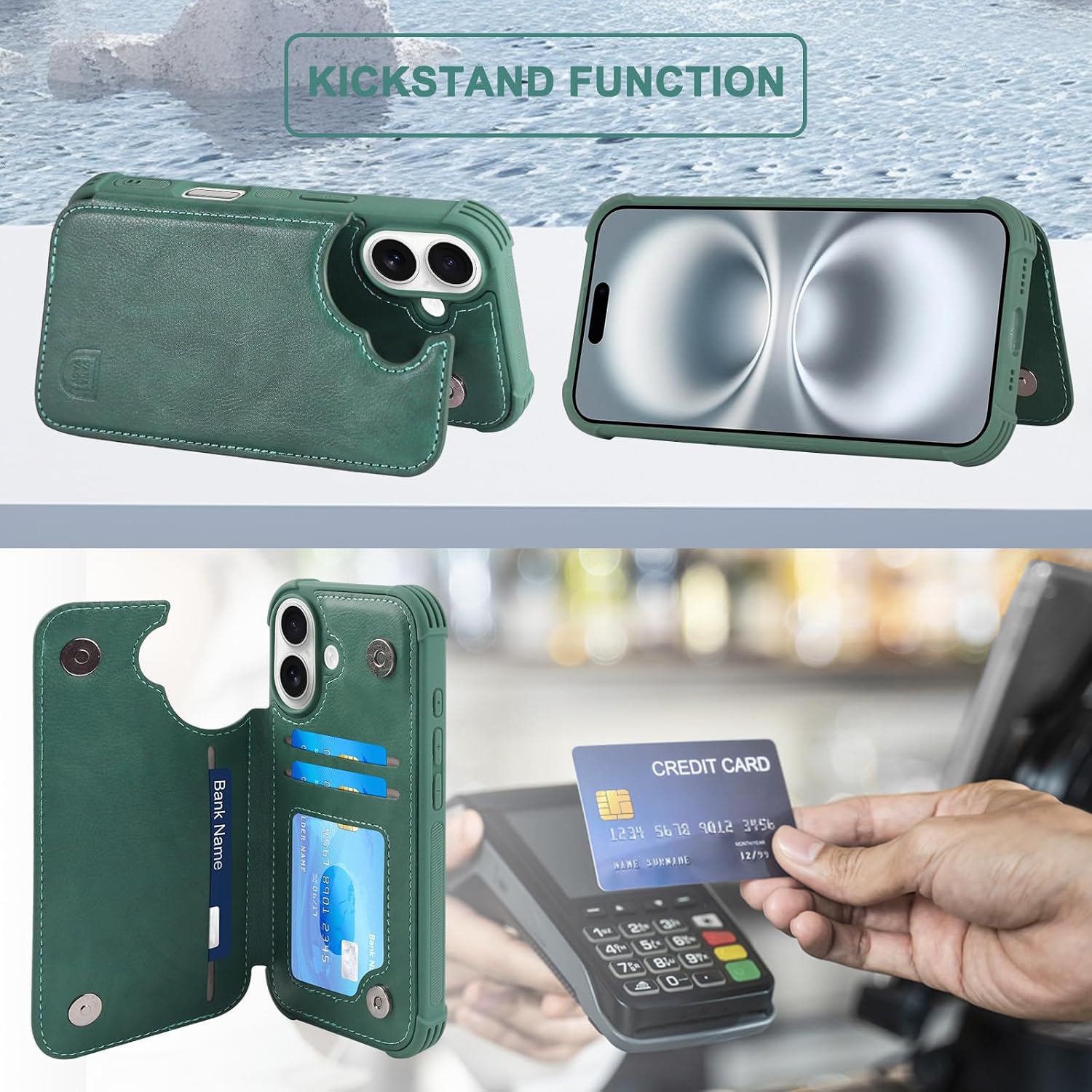 VANAVAGY Compatible for iPhone 16 Plus Wallet Case with RFID Blocking Card Holder, PU Leather Flip Cover Card Slots Magnetic Clasp Kickstand Case with Screen Camera Protector,Forest Green