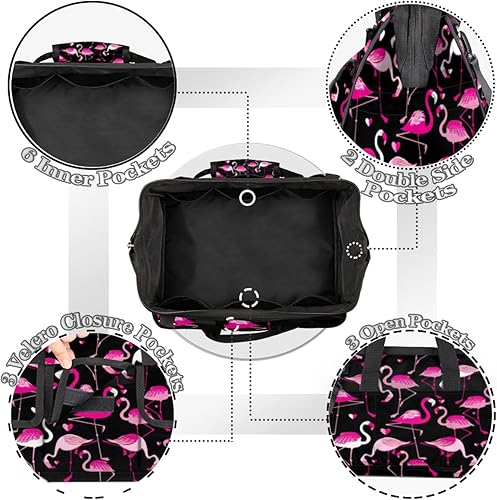 Miniatura 5 de Lindas bolsas de herramientas de flamenco rosa para hombres y mujeres, múltiples bolsillos, organizador de herramientas de boca ancha, bolsa de