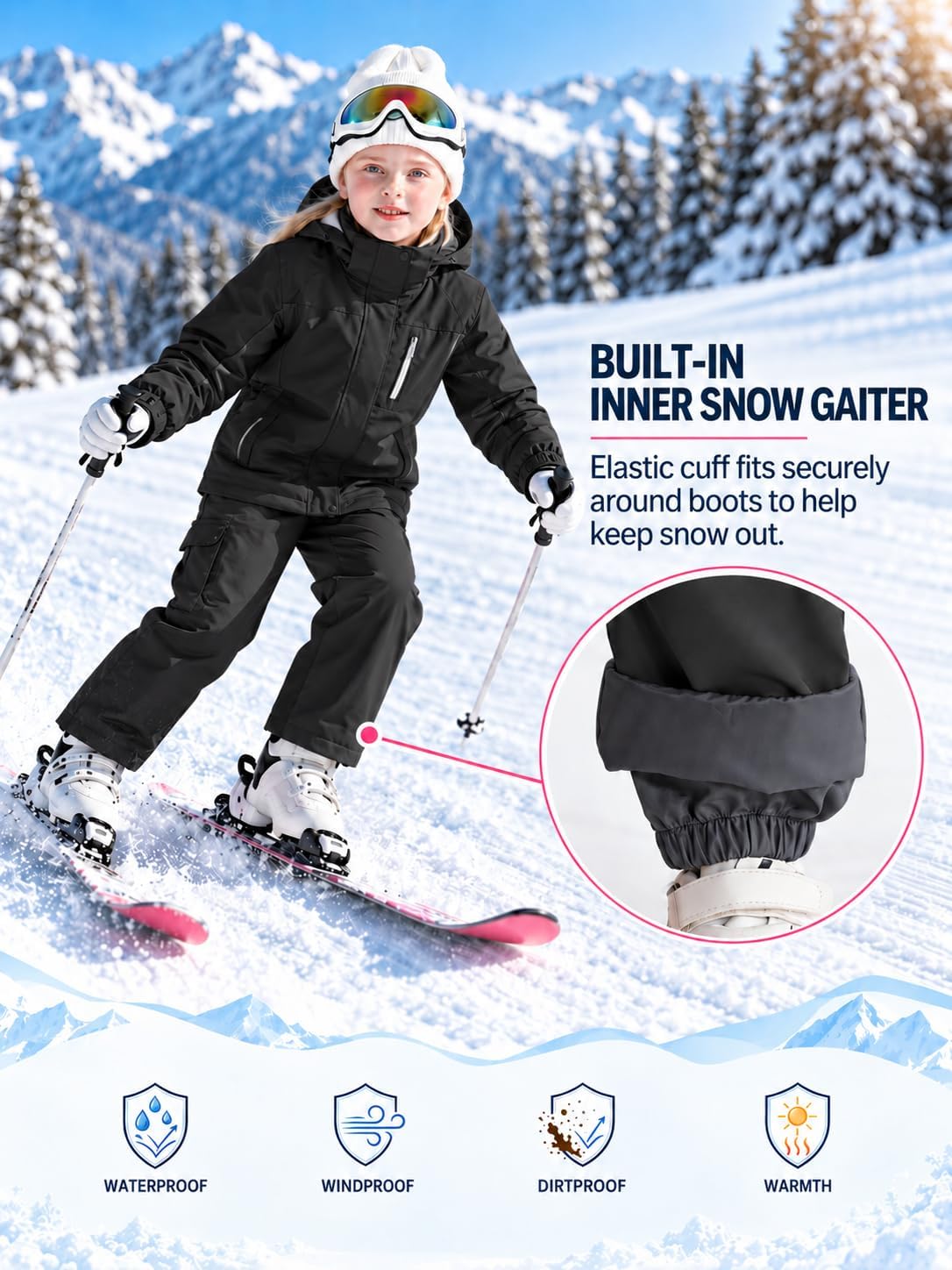 QBK Toddler to Youth Kids Waterproof Snow Pants, Fleece Lined Ski Pants