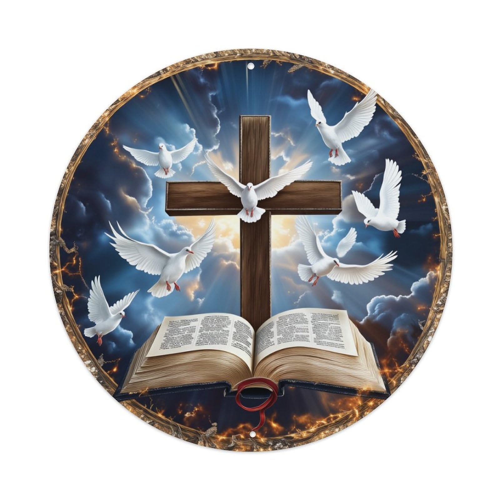 Cross Doves Bible Sky Flames Round Tin Sign Retro Metal Sign for Cafe Bar Pub Home Game Room Gym Club Wall Decoration Vintage Metal Poster 8x8 Inch