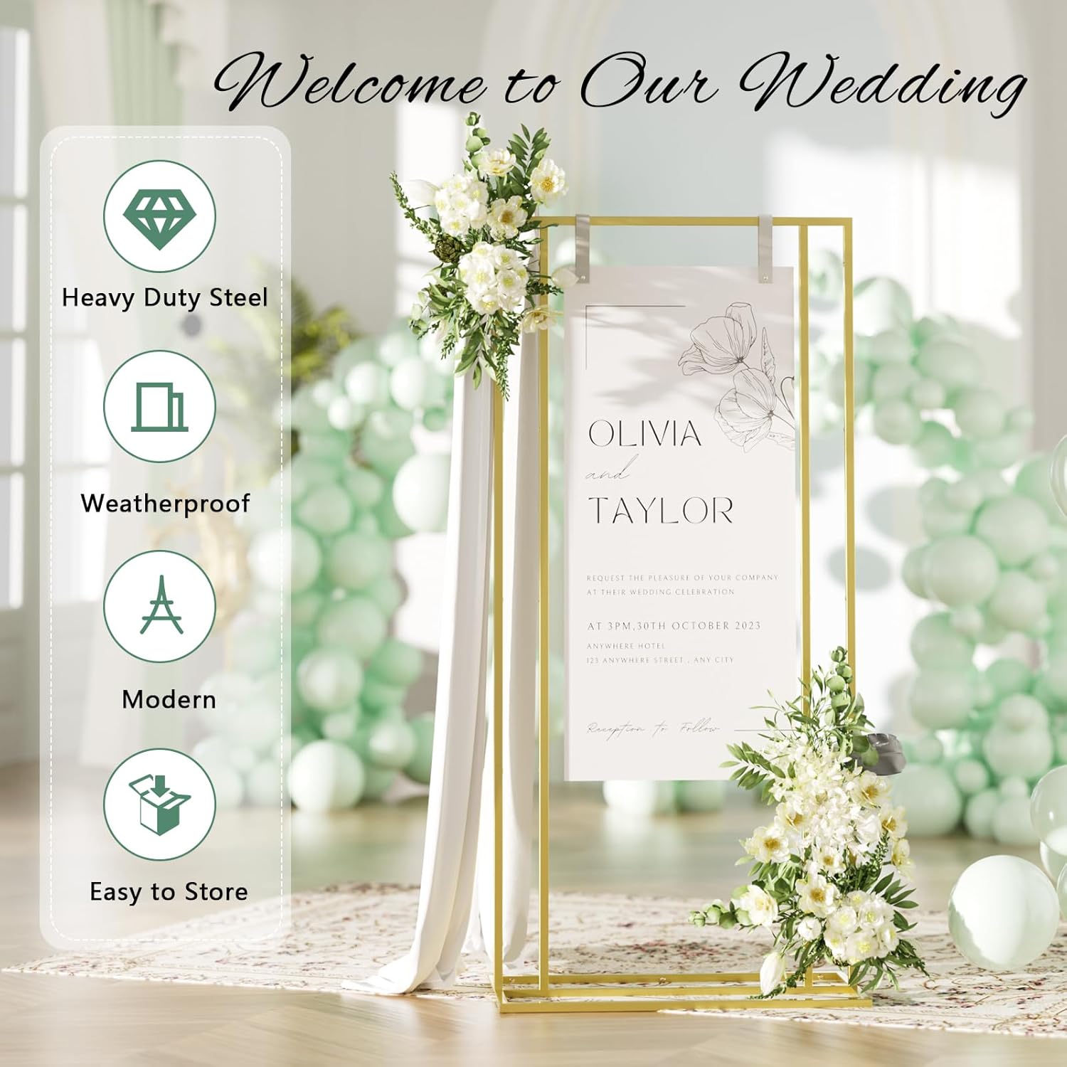 wedding welcome sign stand, 66”h adjustable heavy duty easel stand for sign with leather straps, welcome to our wedding sign holder, metal display stand easels for signs, posters (gold)