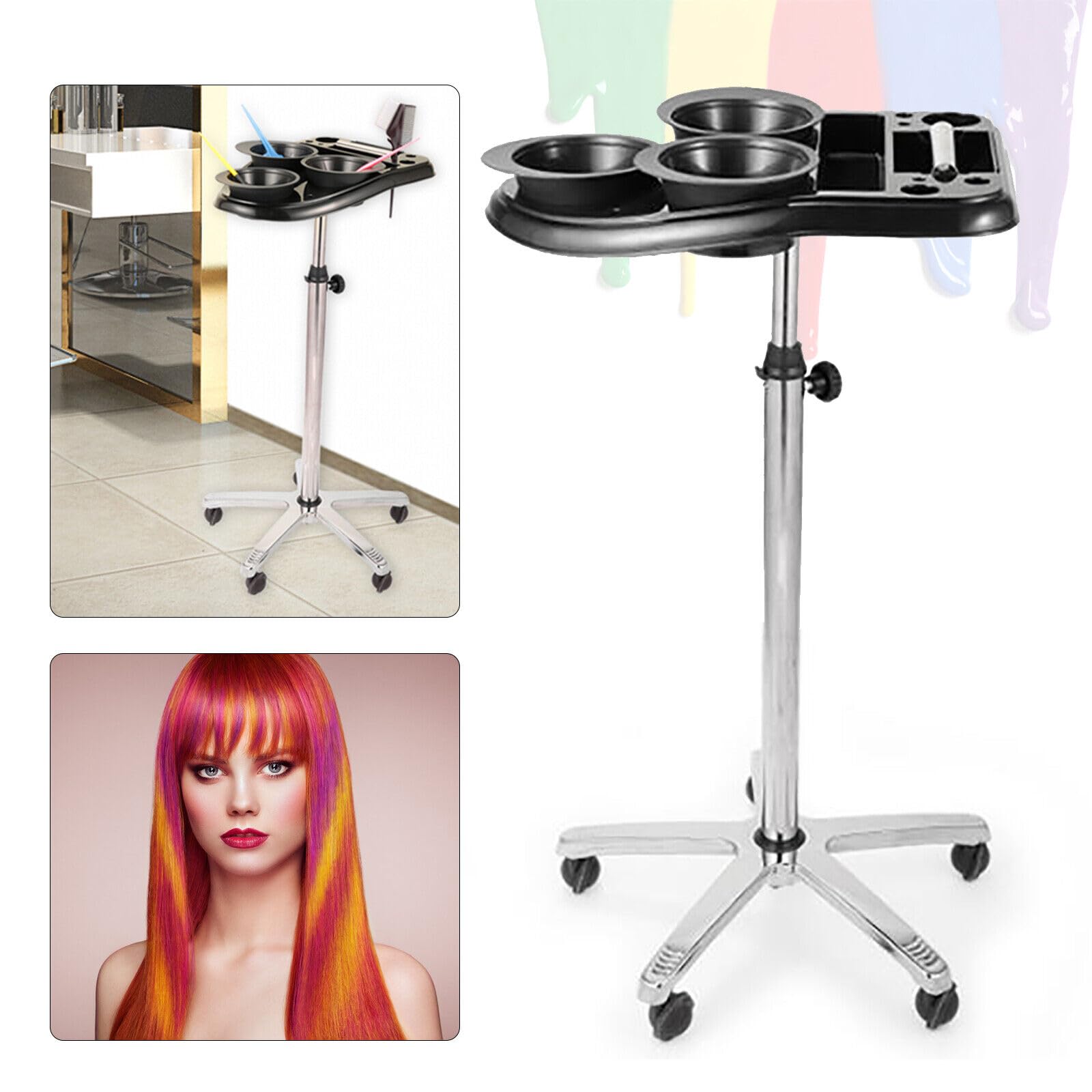 Friseursalonwagen, Friseurwagen mit 5 Räder 3 Färbeschalen Einstellbare Höhe 70–105 cm für Friseure Friseurakademien Privathaushalte