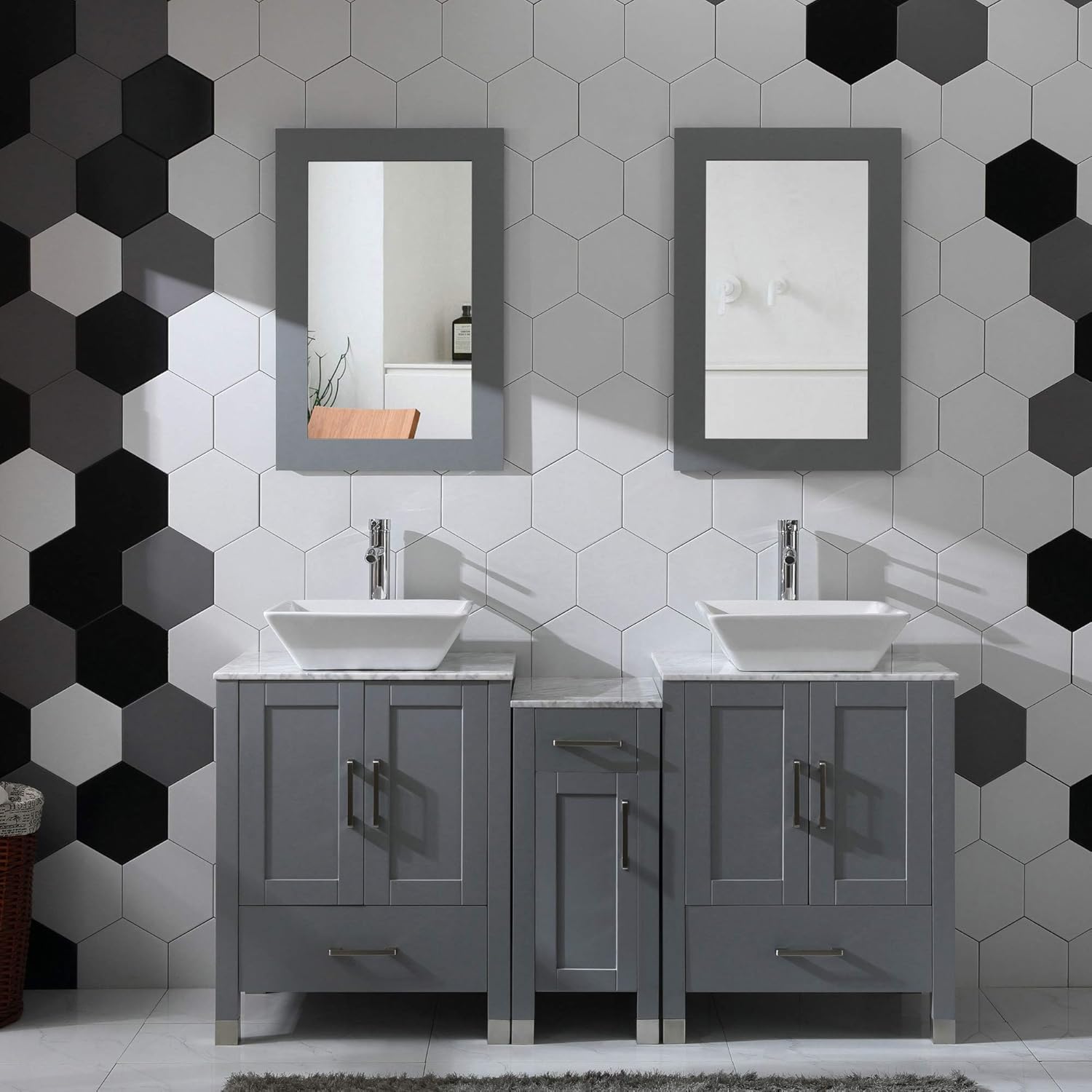60" Bathroom Vanity Cabinet Double Sink Marble Top Solid Wood Grey Painted with Mirror Faucet and Drain Set