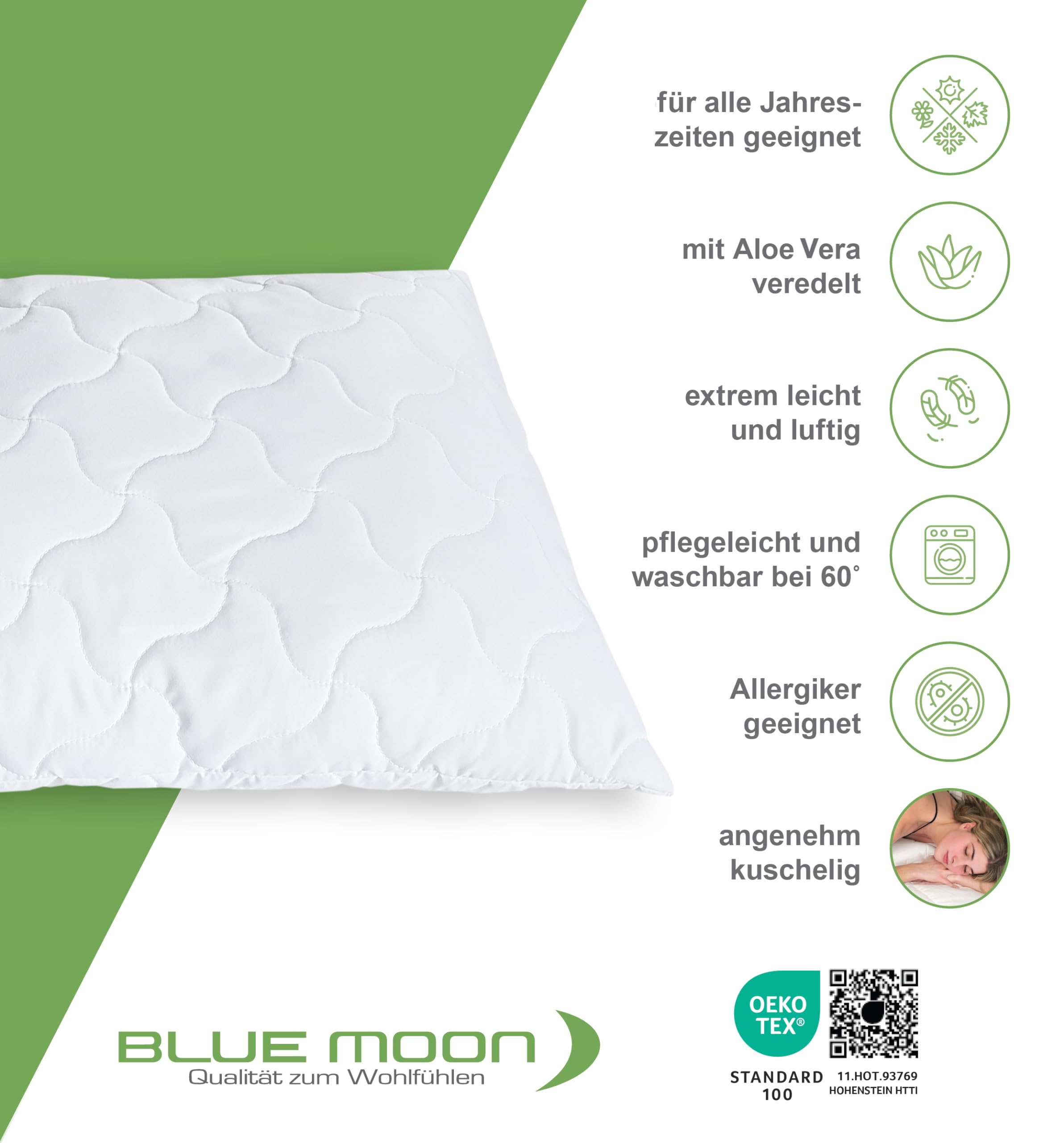 BLUE MOON Aloe Vera Kissen 80x80 Schlafen Kopfkissen Komfort,  atmungsaktives Allergiker Kissen, Winter- und Sommer-Kissen 100% Made in EU  : Amazon.de: Kche, Haushalt & Wohnen