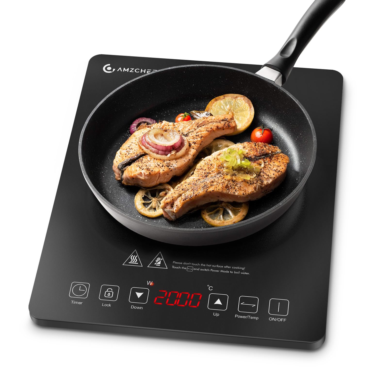 AMZCHEF Single Induction Hob, Portable Induction Hob with Slim Design of 4.45cm, 20 Power Levels and 20 Temperature Settings, Fashionable Black Glass Panel, Touch Sensor, Hour Timer, Safety Lock