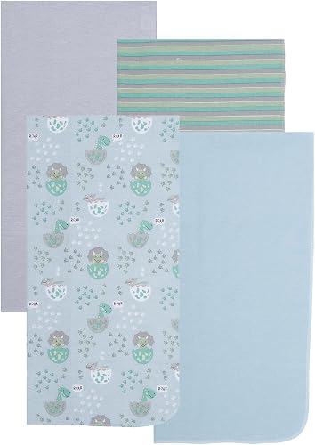 EVERYDAY KIDS 4 Pack of Soft Flannel Receiving Baby Blanket Set for Boys; Green/Blue/Gray Baby Swaddle Blankets for Newborn Baby Boy Nursery with Baby Dinosaurs, Colorful Striped Pattern, Solids