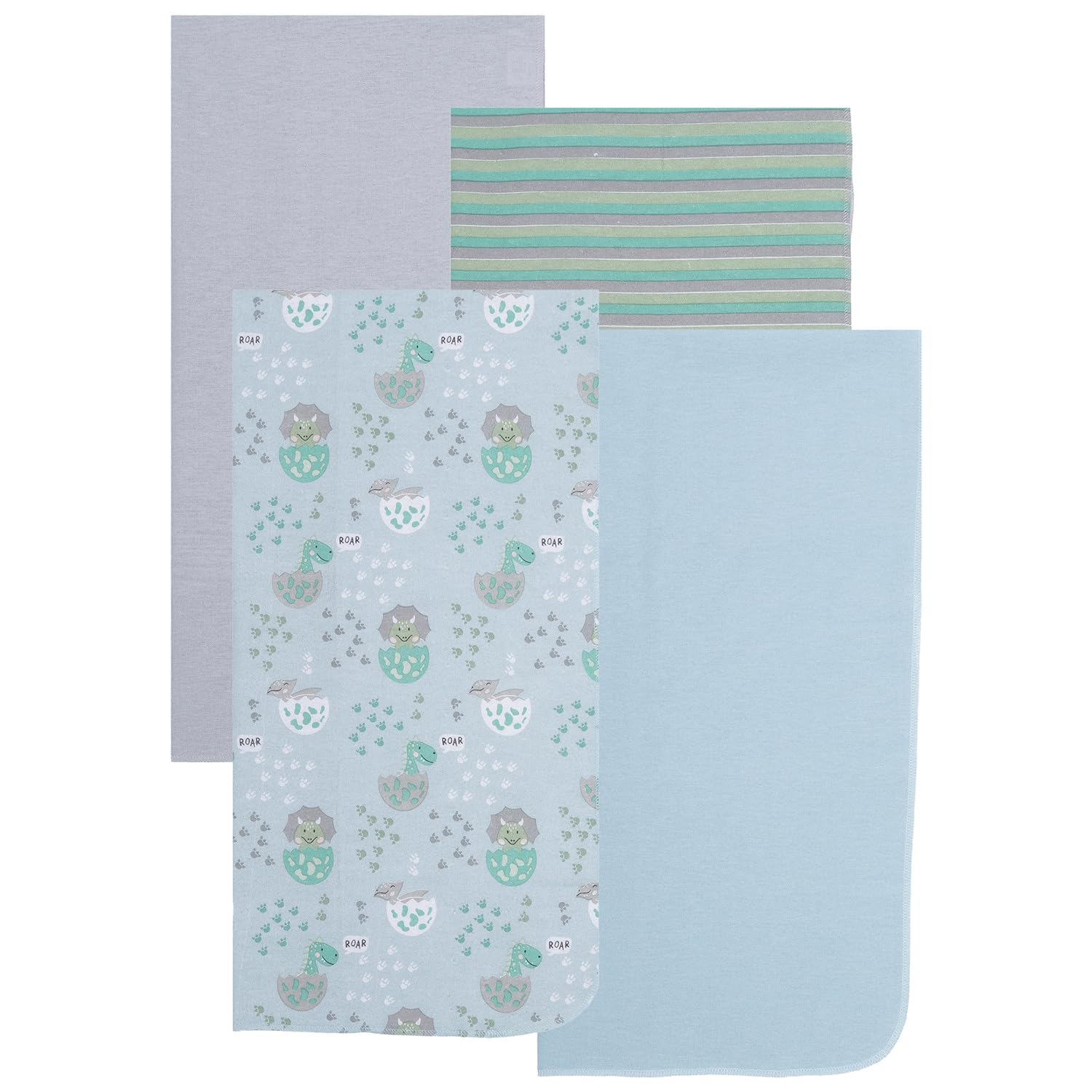 EVERYDAY KIDS 4 Pack Soft Flannel Receiving Blanket Set for Boys; Green/Blue/Gray Baby Swaddle Blankets for Newborn Nursery with Baby Dinosaurs, Colorful Striped Pattern, Solids