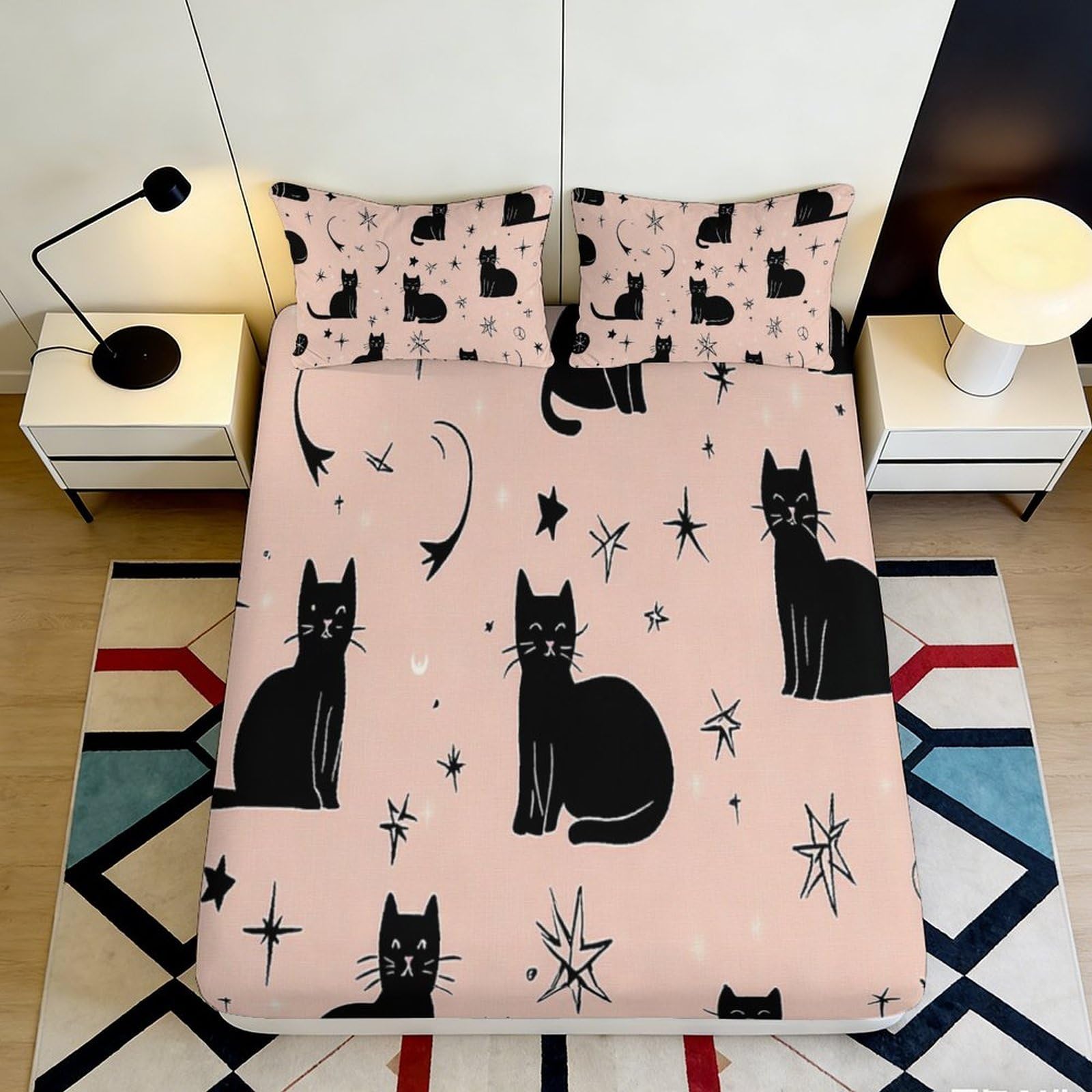 3D Printed Black Cat Fitted Sheet Microfiber Deep Pocket Bedroom Bedding Black Cat Mattress Fitted Cover Elastic Hem 140x200x25cm