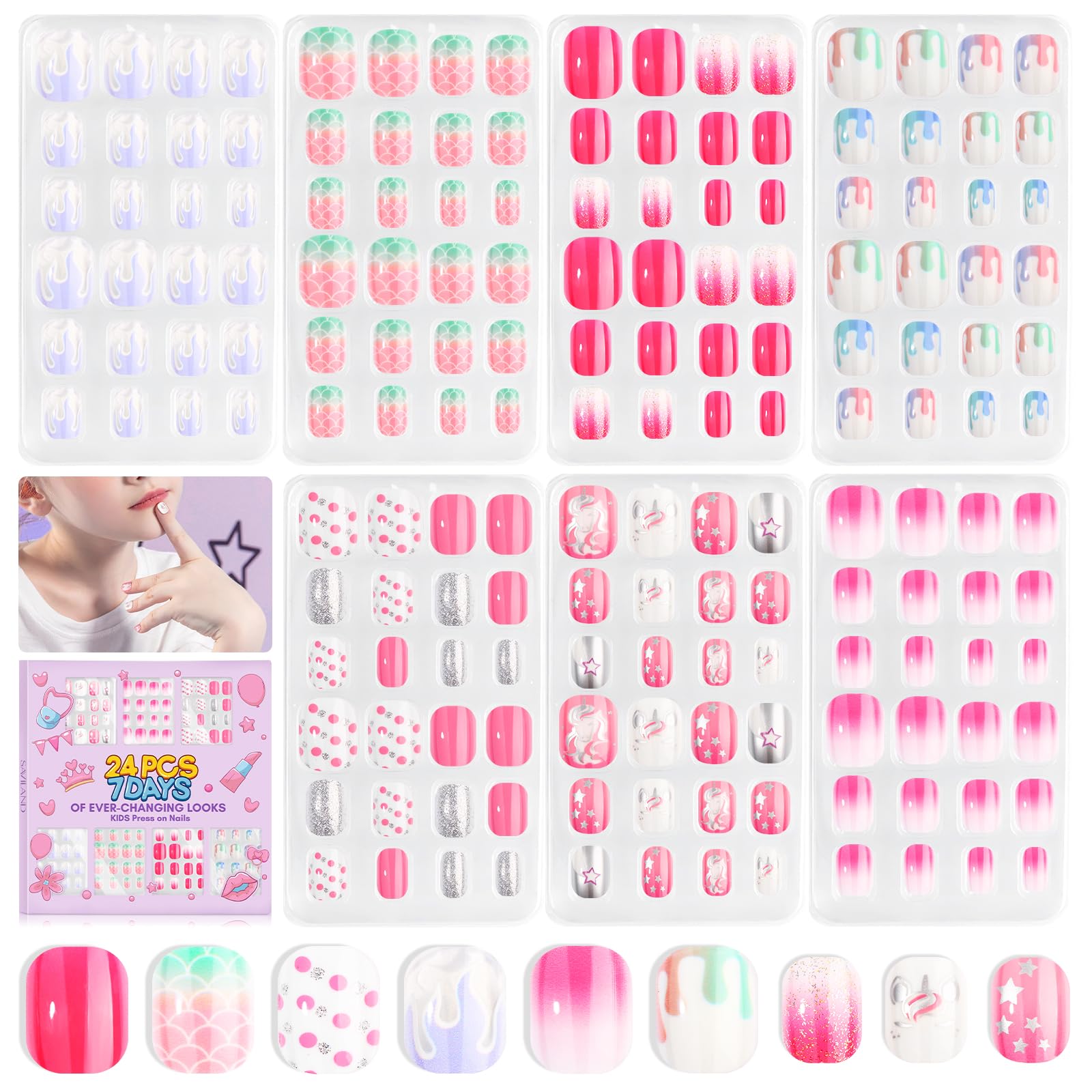 SAVILAND 168Pcs 7 Pack Press on Nails for Kids Children Fake Nails Stick on Nails Pre-glue Full Cover Glitter Gradient Color Star Short Acrylic Nail Tips Nail Art Christmas Gifts for 8-12 Year Kids
