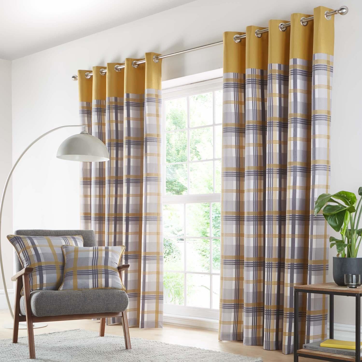 HOMEMAKER BEDDING Check curtains eyelet ring top lined ochre yellow grey taupe tartan (66 x 72 (168x183cm))