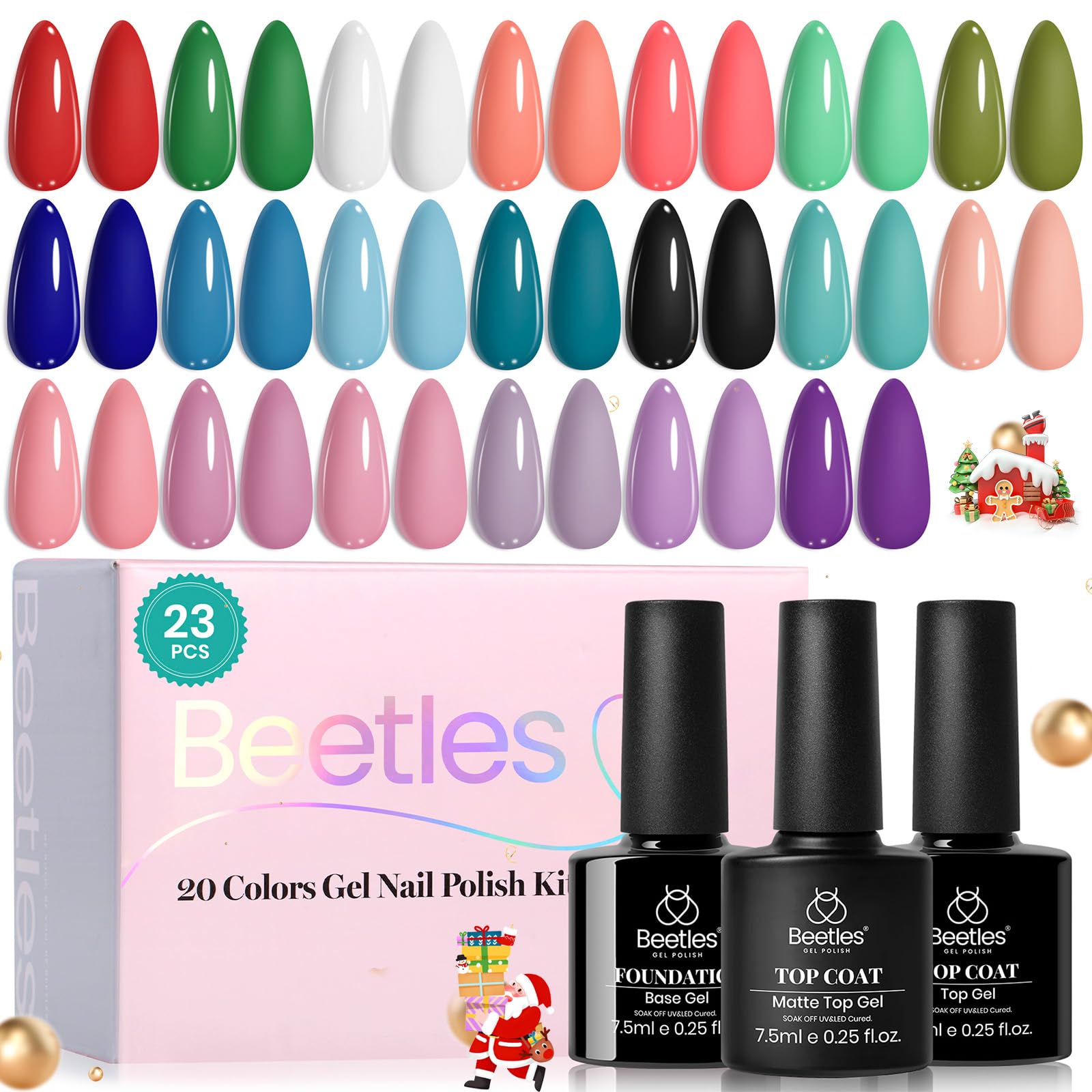 Beetles Winter Gel Polish Christmas Gel Nail Polish 20 Colors Red Green White Black Nude with Base Top Coat Trendy Colors Uv LED Lamp Salon DIY at Home Nails Gifts for Women Vibrant Subtle