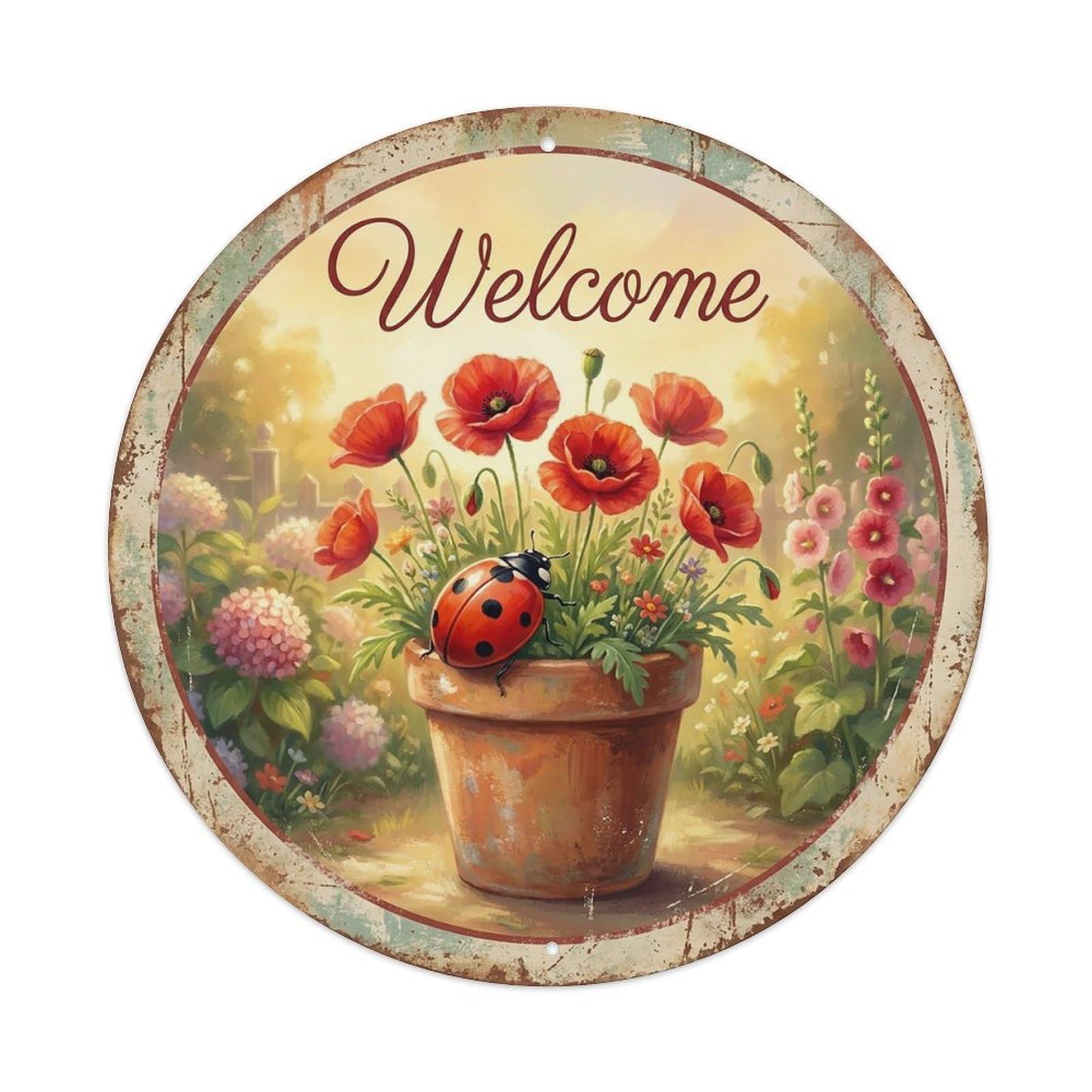Vintage Welcome Ladybug Poppies Vintage Metal Tin Sign Plaque Wall Decor for Cafe, Club Bar, Office, Garden Metal Poster 8x8Inch