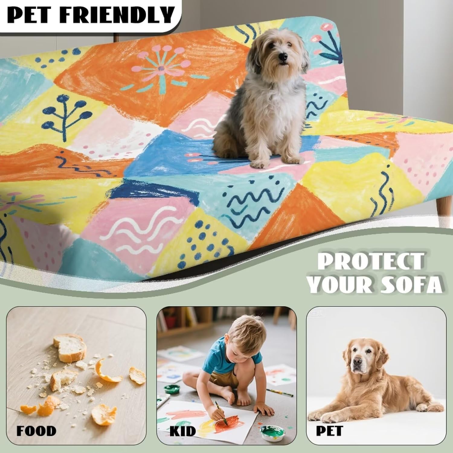 Geometric Floral Couch Covers for Armless Sofa Hand Painted Style Pattern Anti Slip Sofa Cover Pet Protection Washable Futon Couch Slipcovers Indoor