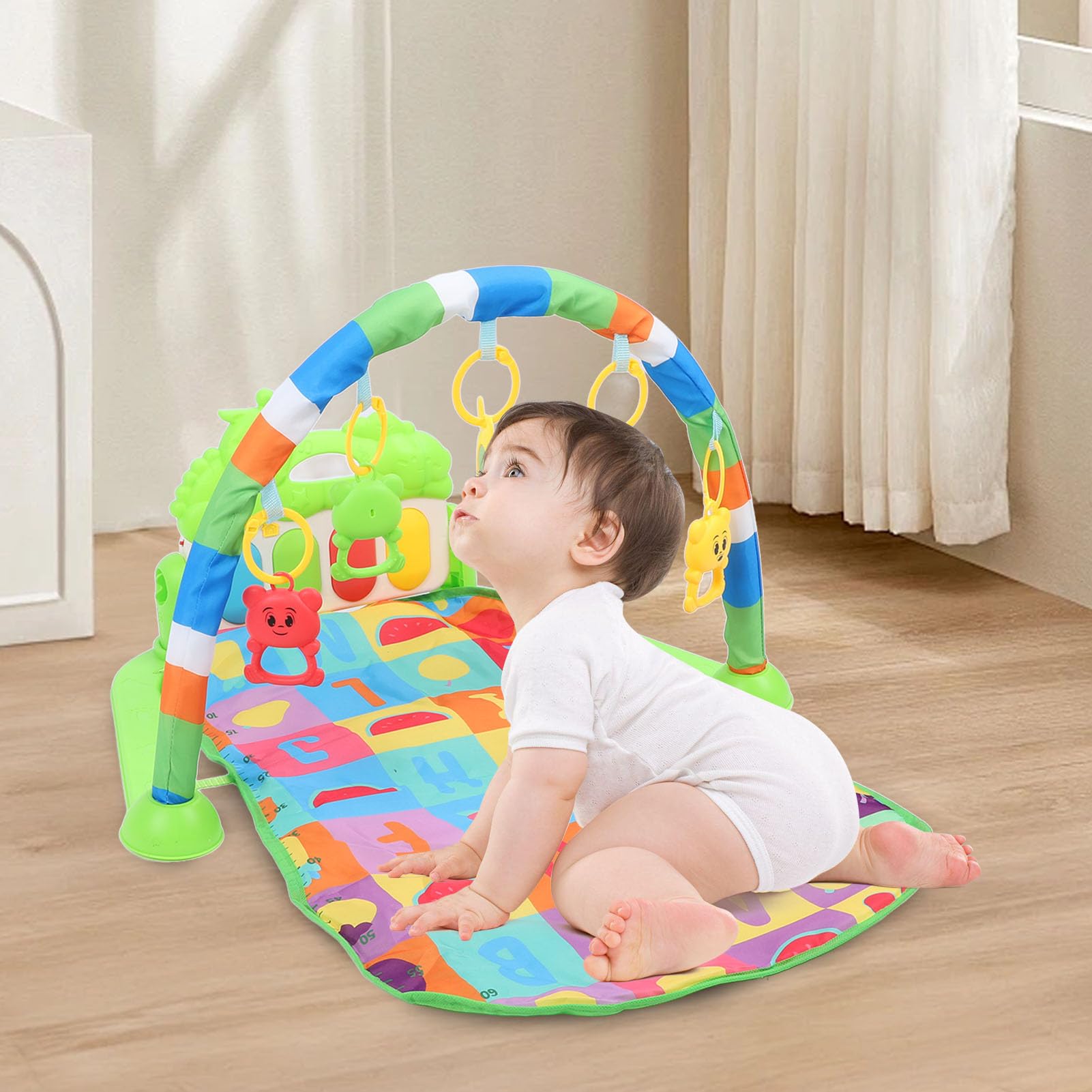 Baby Play Mat Gym Kick Piano Centrum aktywności z muzyką miękki materiał dla noworodka niemowlęcego maluchek 0 do 36 miesięcy Składany projekt obejmuje 5 odpinanych grzechotek i