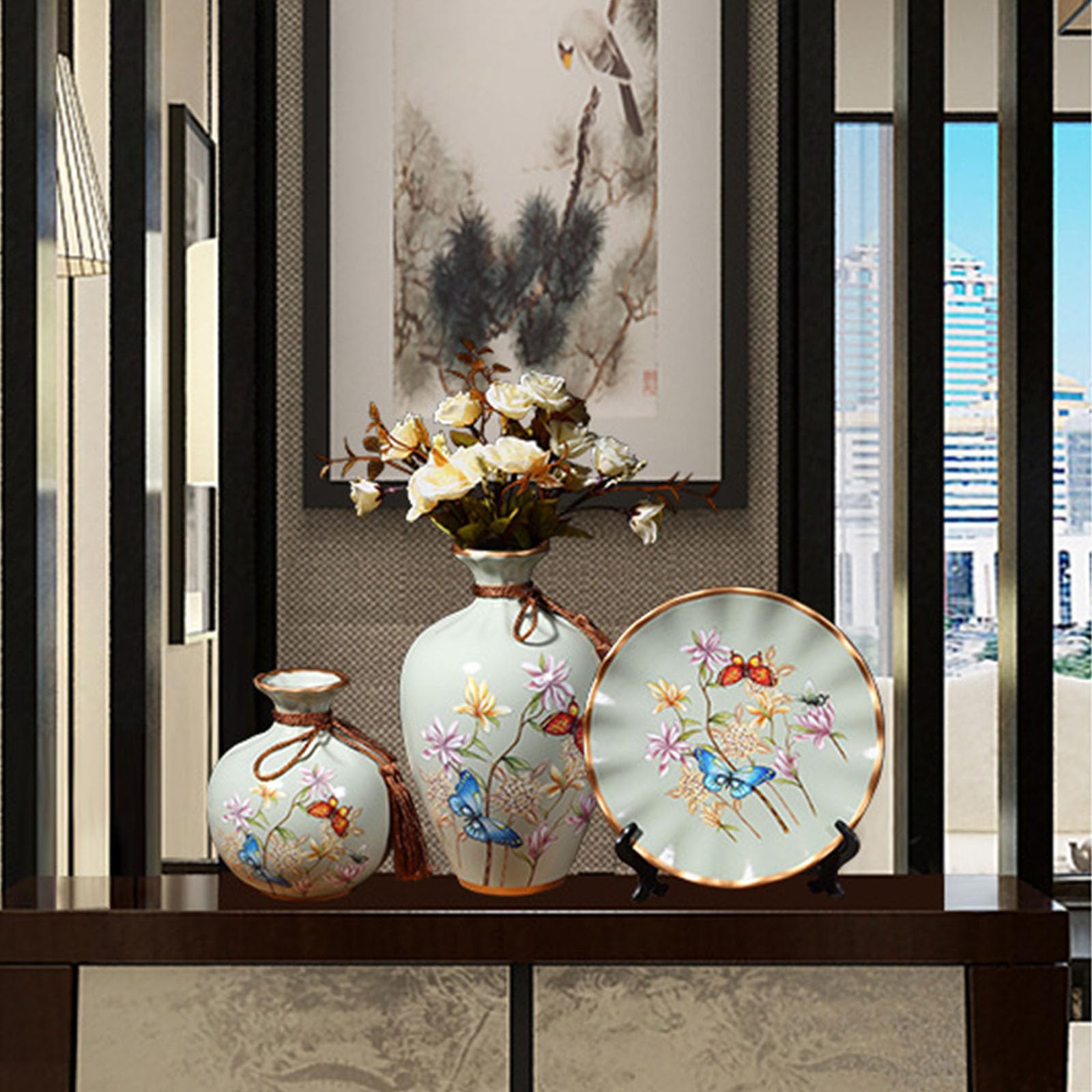 Set di 3 vasi decorativi in ceramica e vassoio rotondo moderno da tavolo per composizioni floreali regalo inaugurazione della casa vasi multiuso set per scaffali