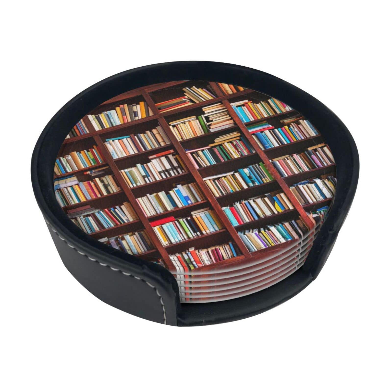 Books Coasters Set Of 6 With Holder,Print Absorbent Non Slip Leather Drink Coaster Tabletop Protection