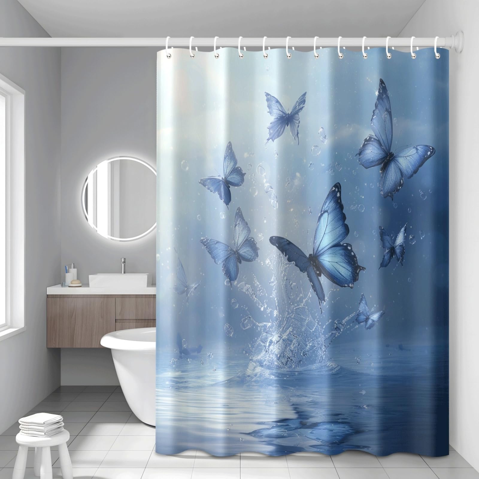 Rideau de douche imperméable anti-moisissure en polyester bleu lavable