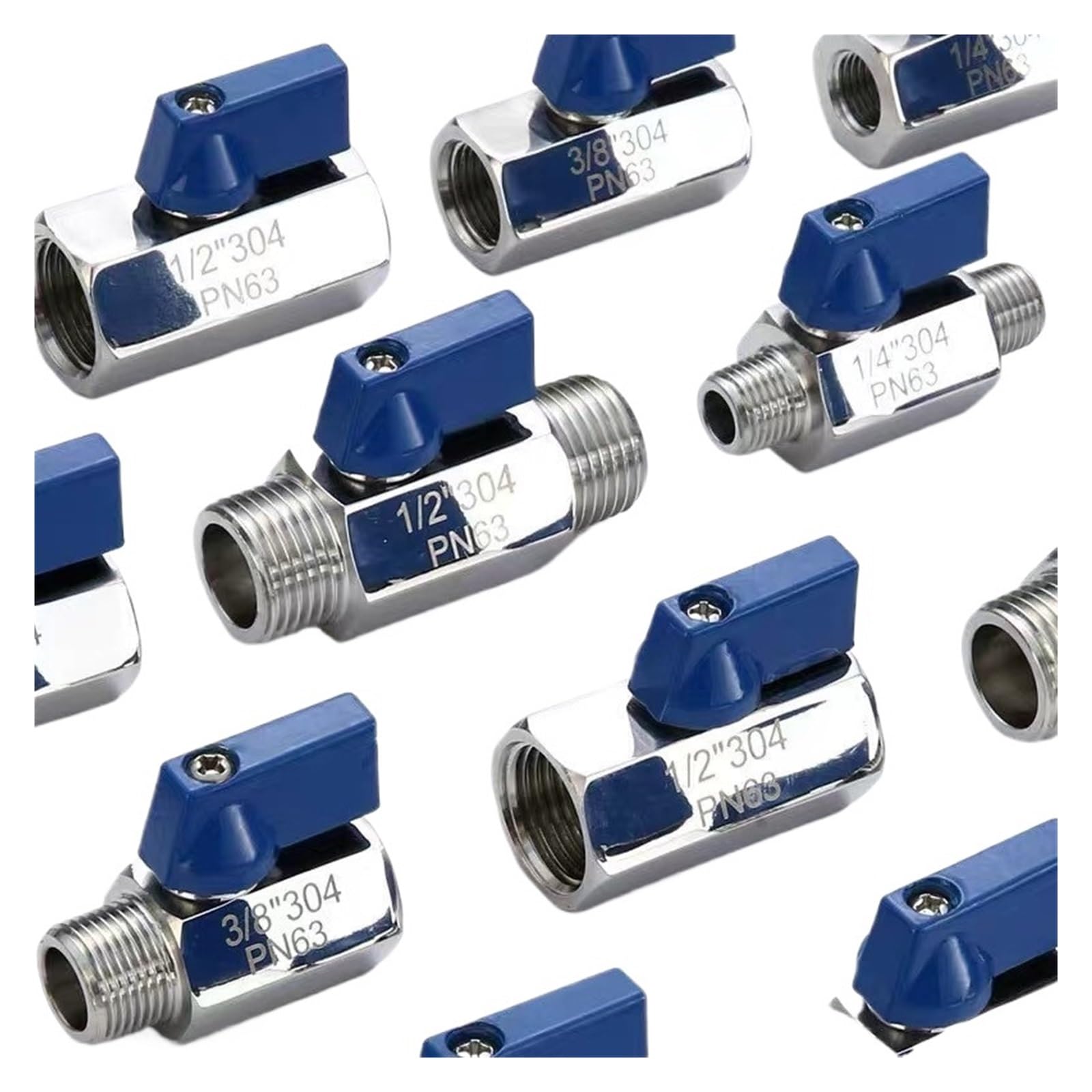 1 unidad 1/8 "1/4" 3/8 "1/2" 3/4 "1" BSP F/MM/MF/F Mini válvula de bola sanitaria 304 acero inoxidable con mango azul(Male Male,1")