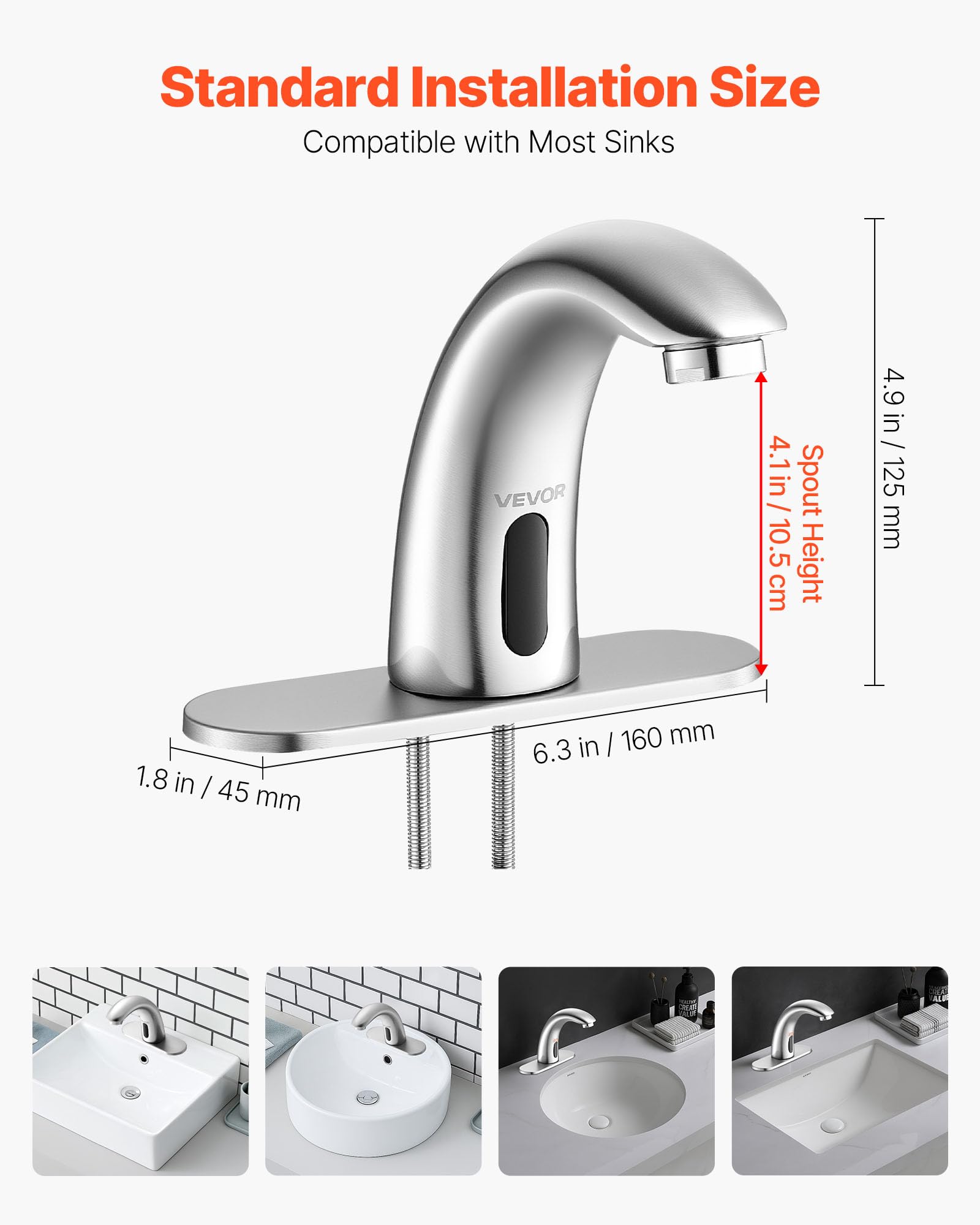 VEVOR Robinet Automatique sans Contact, Mitigeur Lavabo à Capteur de Mouvement, Mélangeur d’Eau Chaude et Froide Température Réglable, pour Tuyau 9,5 mm, Cuisine Salle de Bain, Nickel Argenté Brossé