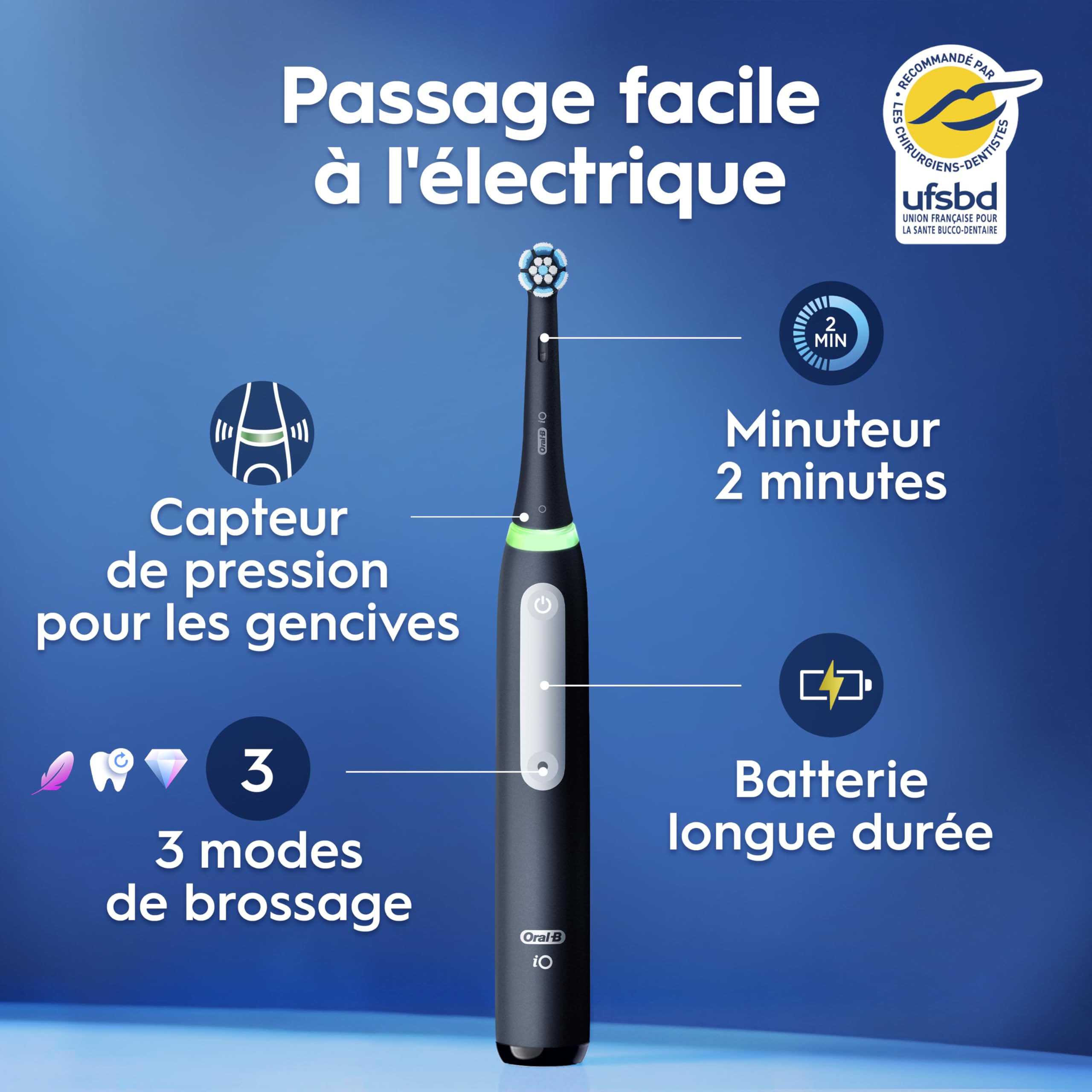 Oral-B Brosse à Dents Electrique iO 3, 3 Brossettes de Rechange, Noire – 3 Modes de Brossage Silencieux dont Douceur et Blancheur, Capteur de Pression sur les Gencives, Batterie Rechargeable