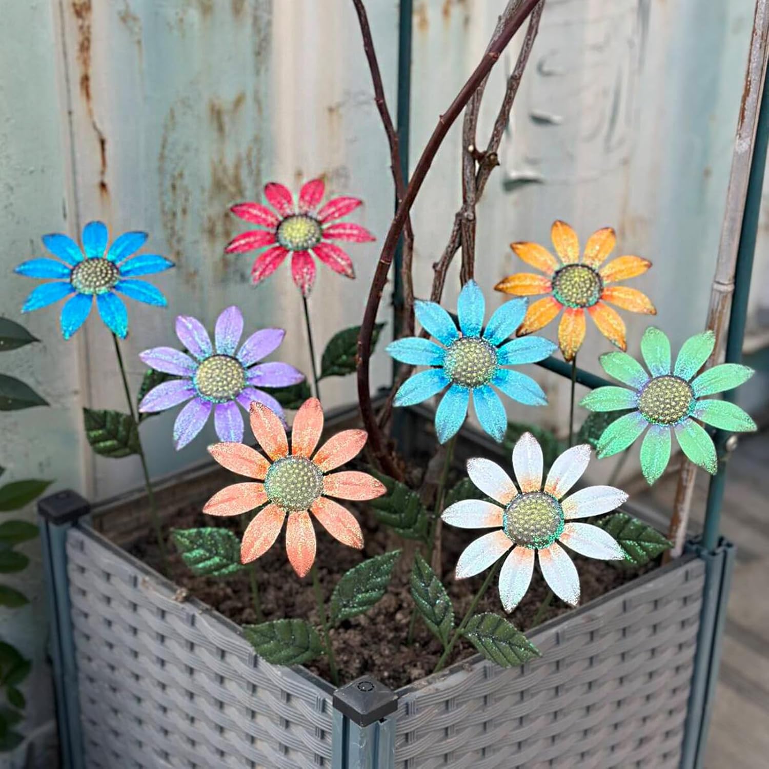 HUTHDAK Metal Flowers for Outside,8 Pack 16.15" Decorative Garden Stakes with Swaying Flowers Head Yard Art,Spring Garden Decor for Lawn, Pathway & Garden