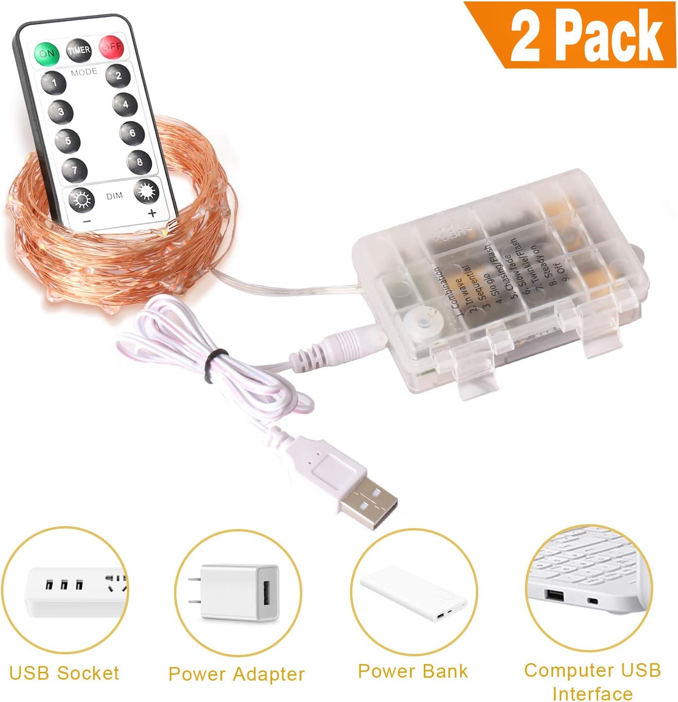 Aluan Fairy Lights 2 Pack 100 LED 33 FT Copper Wire Christmas Lights USB & Battery Powered Waterproof LED String Lights with 8 Modes for Indoor Outdoor Multi-Color
