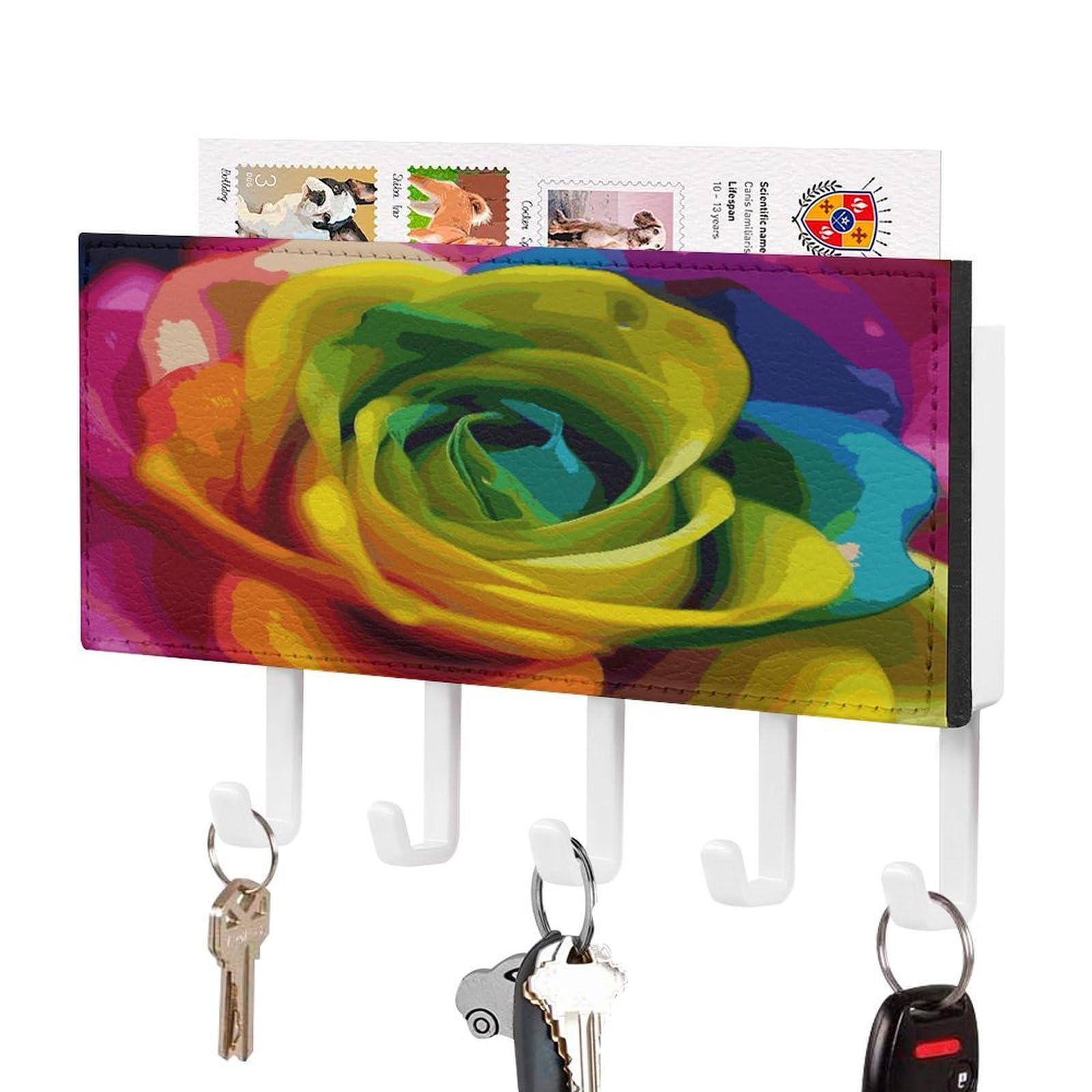 FekiLoot Rainbow Flower Key Holder for Wall Decorative Mail Organizer with 5 Key Hook Self Adhesive Key Rack with Tray Coat Rack Wall Mount Key Hanger Decor for Entryway Door