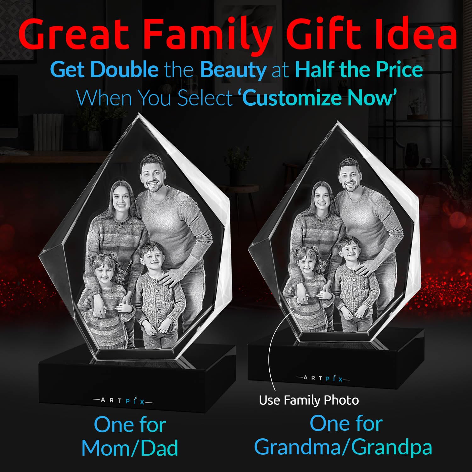 ArtPix 3D Crystal Photo, regalo personalizado con su propia foto, imagen grabada con láser 3D, cristal de corazón grabado, regalos de cumpleaños conmemorativos para mamá, papá, hombres, mujeres