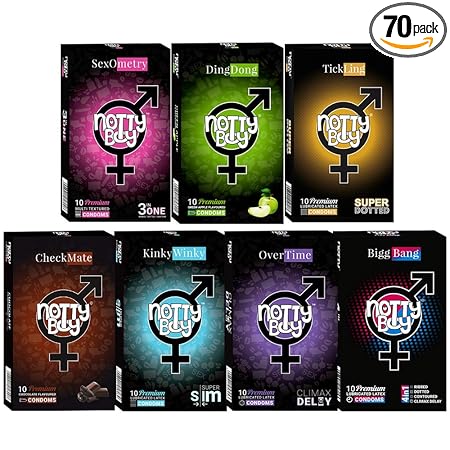 NOTTY BOY Condom Combo Pack Men - Ribbed, Extra Dotted, Contour, Extra Thin, Extra Time and Flavoured Condoms - (7x10s)