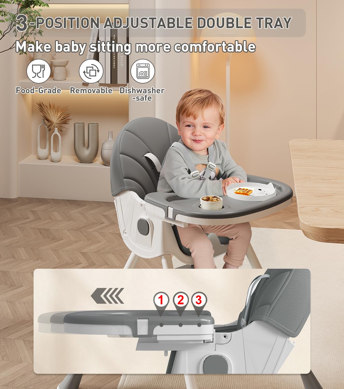Baby High Chair, 5 in 1 High Chairs for Babies and Toddlers, Travel Foldable High Chair with Detachable PU Cushion, Double Removable Tray, Adjustable Height & Recline, Locking Wheels (Grey)